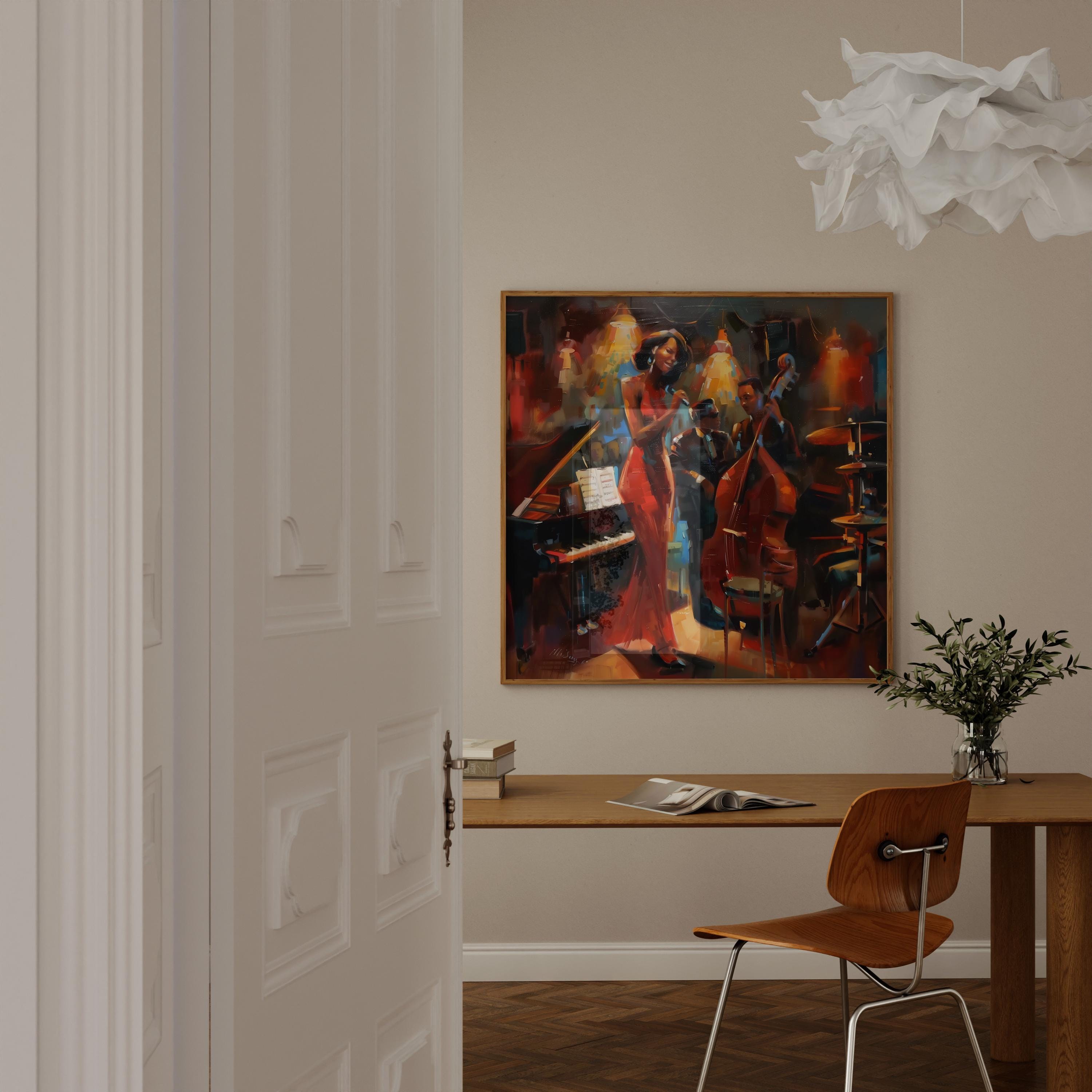 Jazz Club Serenade: Woman in Red Dress with Band Art | Soulful & Vibrant Music Decor