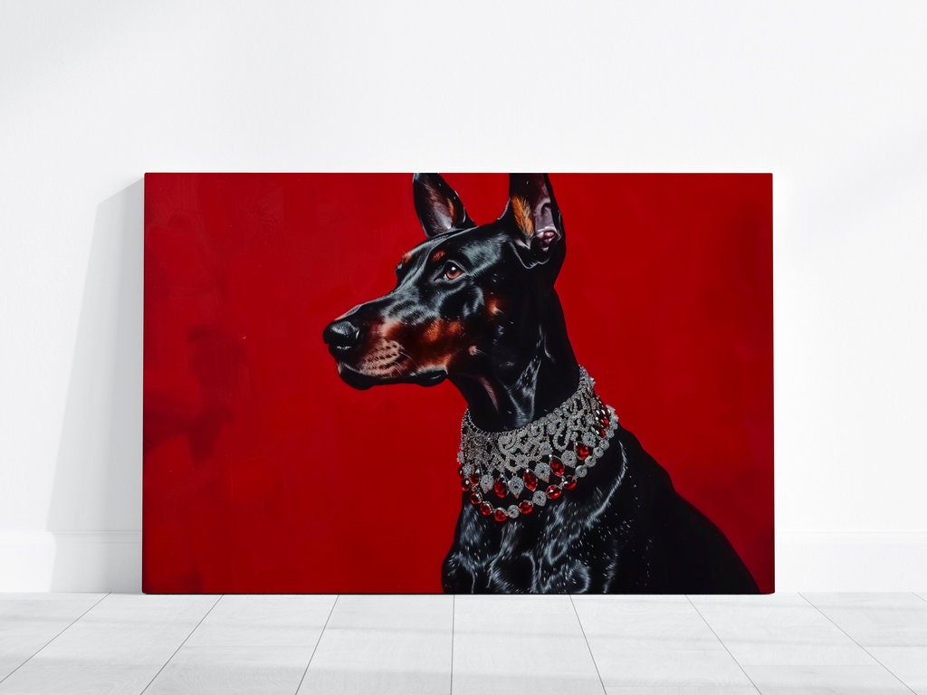 The Guardian: Black Doberman Pinscher Portrait with Red Gem Collar | Regal & Elegant Dog Art