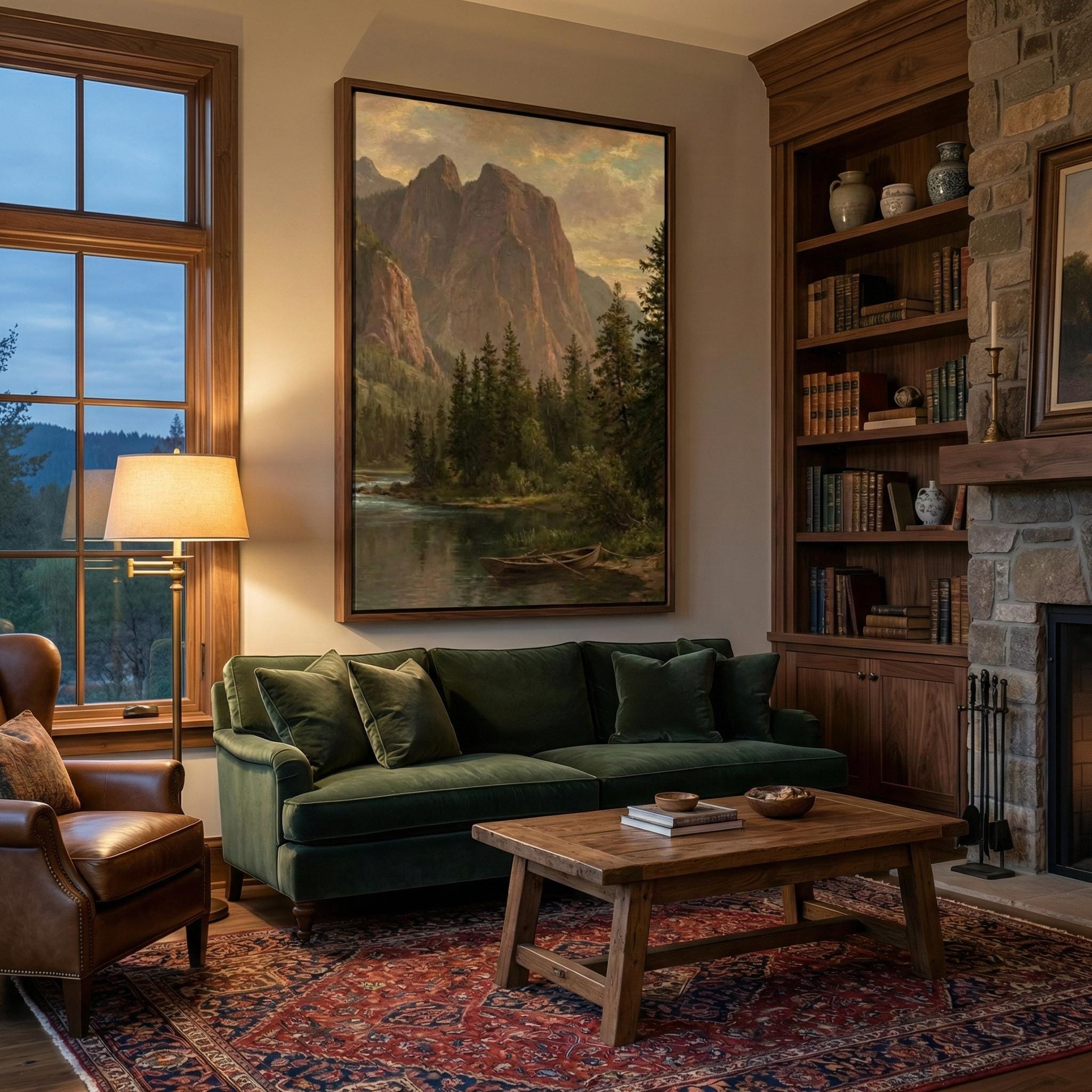 Vintage Mountain Lake Art: Rustic Cabin Landscape in Warm Earth Tones