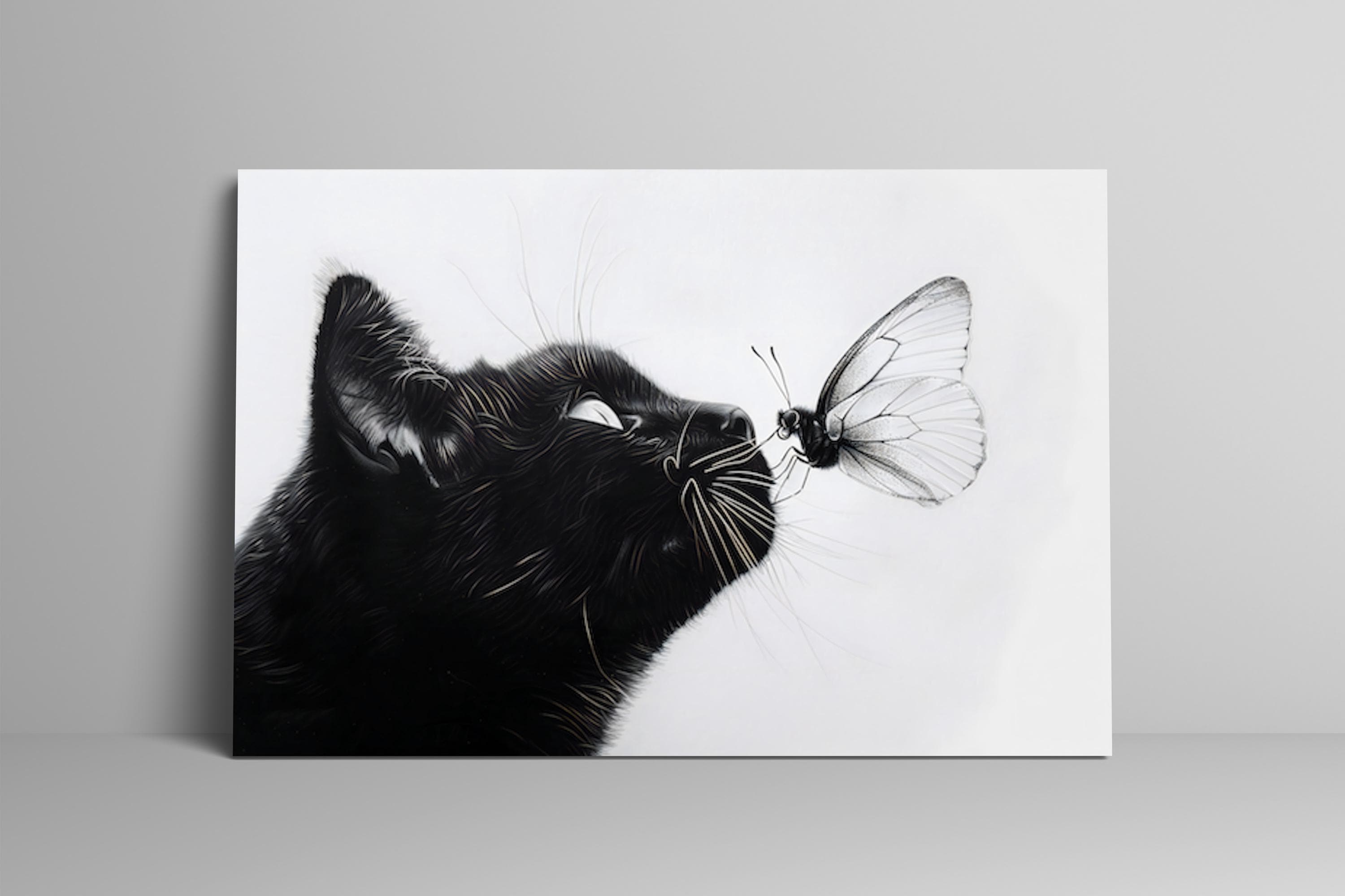 The Gentle Moment: Black Cat and Butterfly Pencil Sketch | Whimsical Monochrome Wall Art