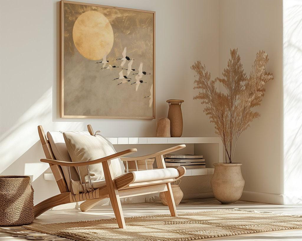 Moonlit Cranes Canvas Art: Serene Japanese-Inspired Wall Decor | Elegant & Tranquil Floral Print