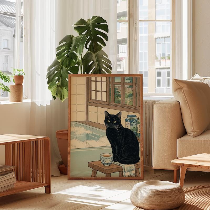 Ukiyo-e Black Cat Wall Art - Japanese Onsen Bathhouse Scene