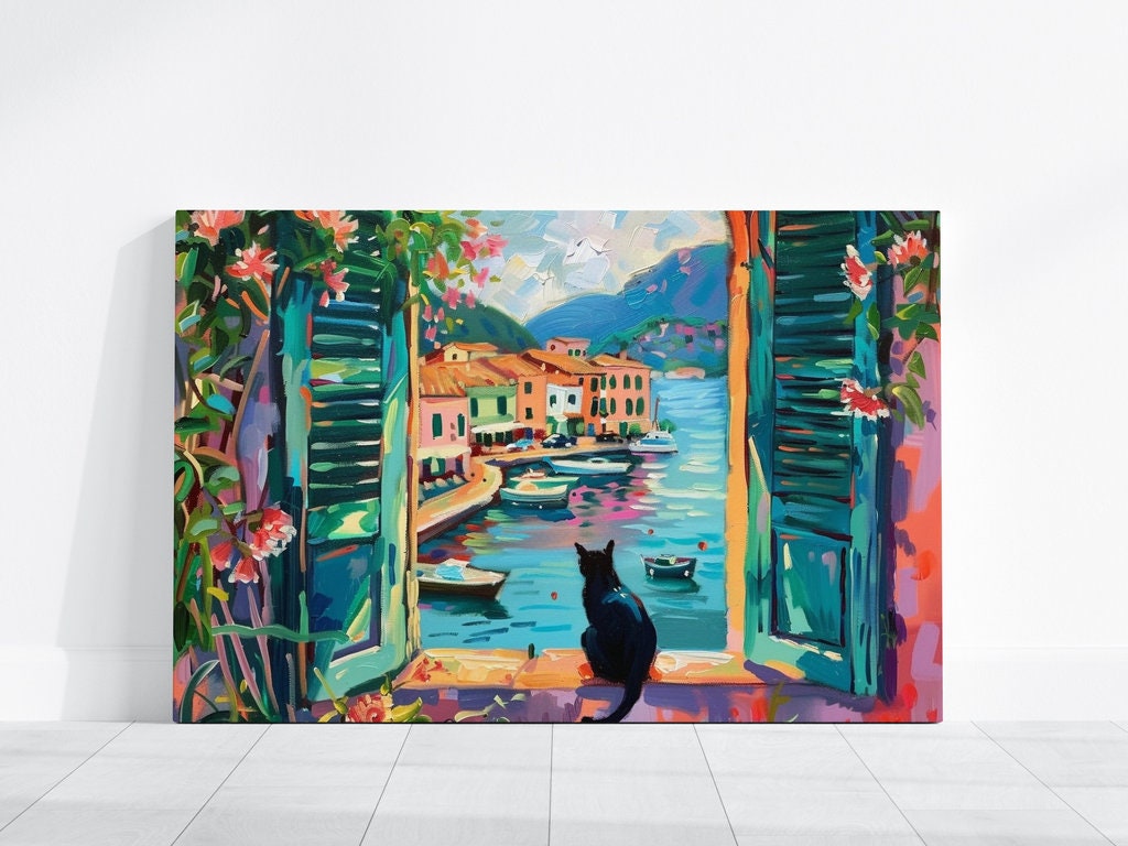 Coastal Town Wall Art: Black Cat, Vibrant Colors, Framed Canvas