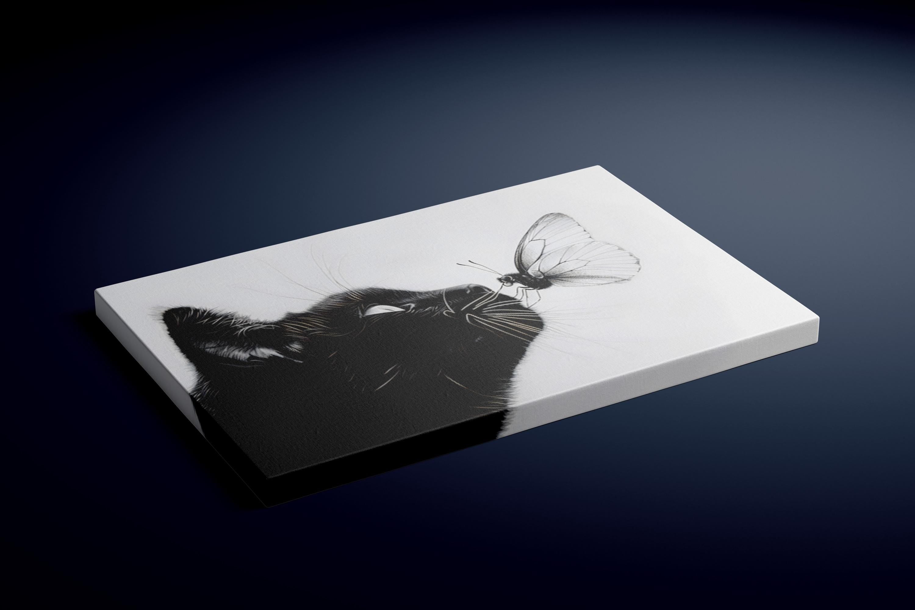 The Gentle Moment: Black Cat and Butterfly Pencil Sketch | Whimsical Monochrome Wall Art