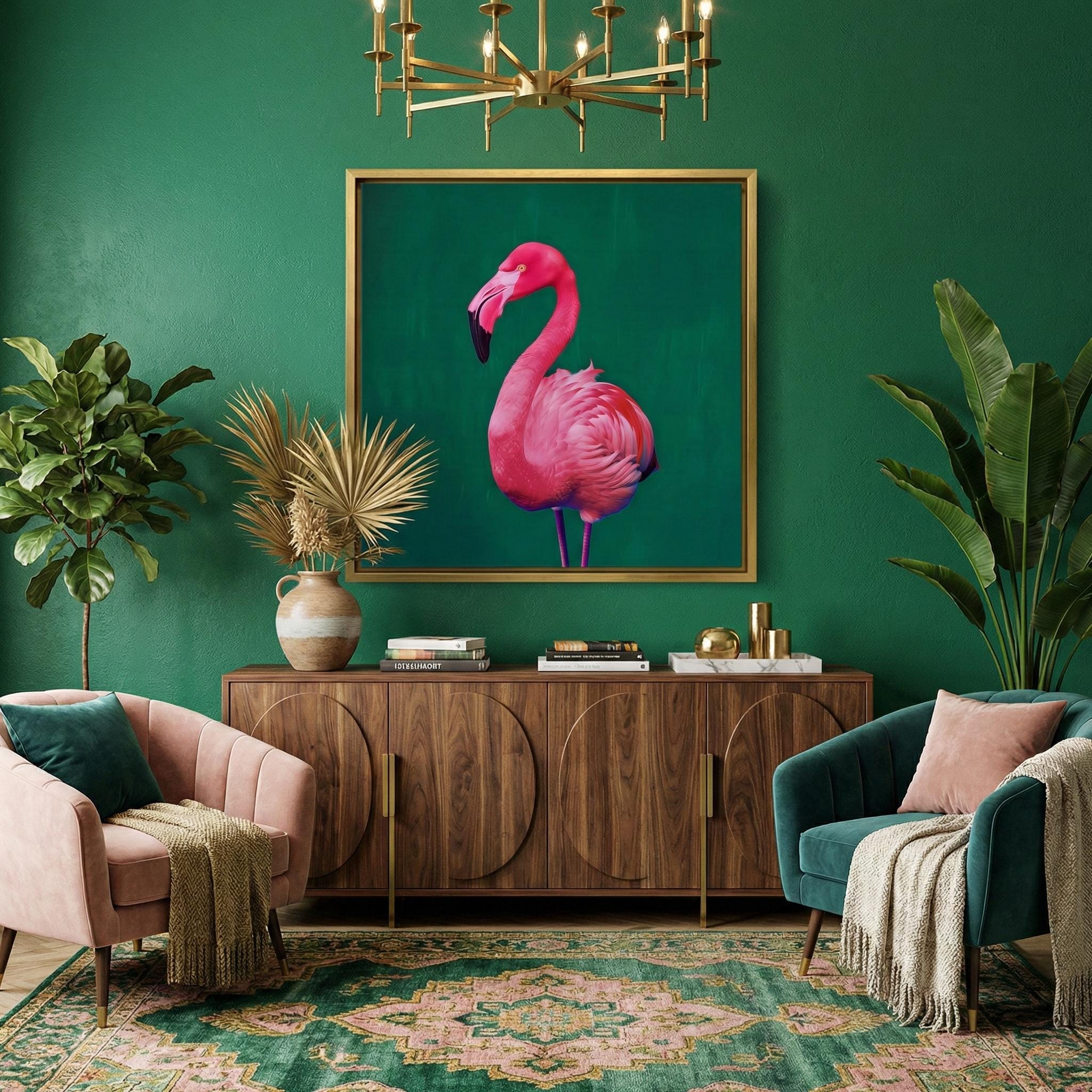 Bright Pink Flamingo Wall Art - Neon Colors with Emerald Green Background