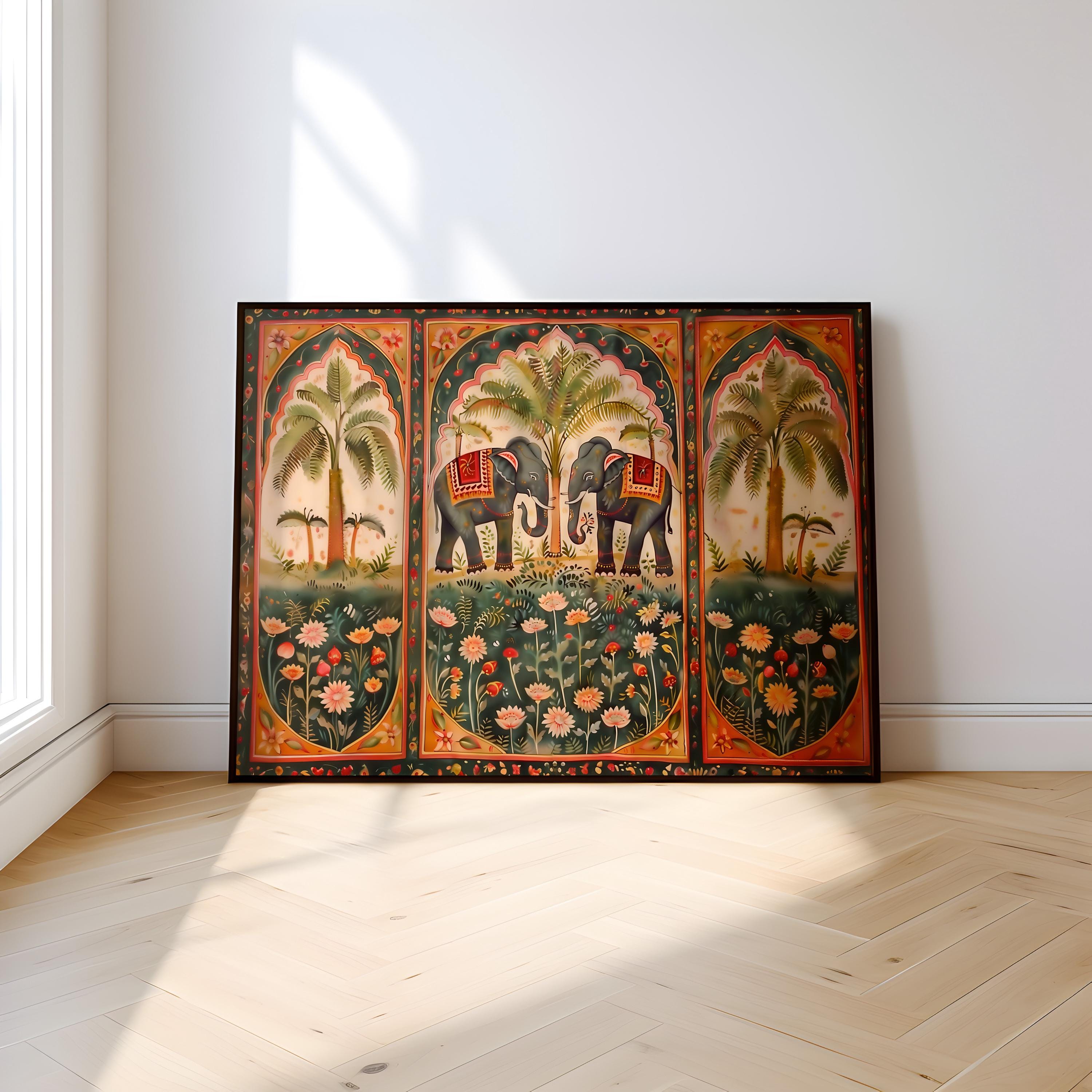 Pichwai Elephant & Lotus Art: Traditional Indian Floral Canvas | Vintage Cultural Wall Decor