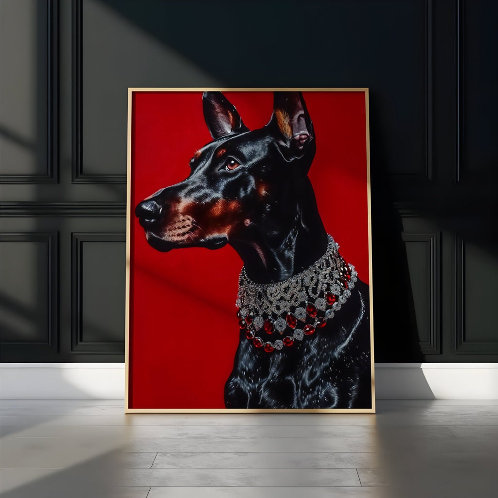 The Guardian: Black Doberman Pinscher Portrait with Red Gem Collar | Regal & Elegant Dog Art