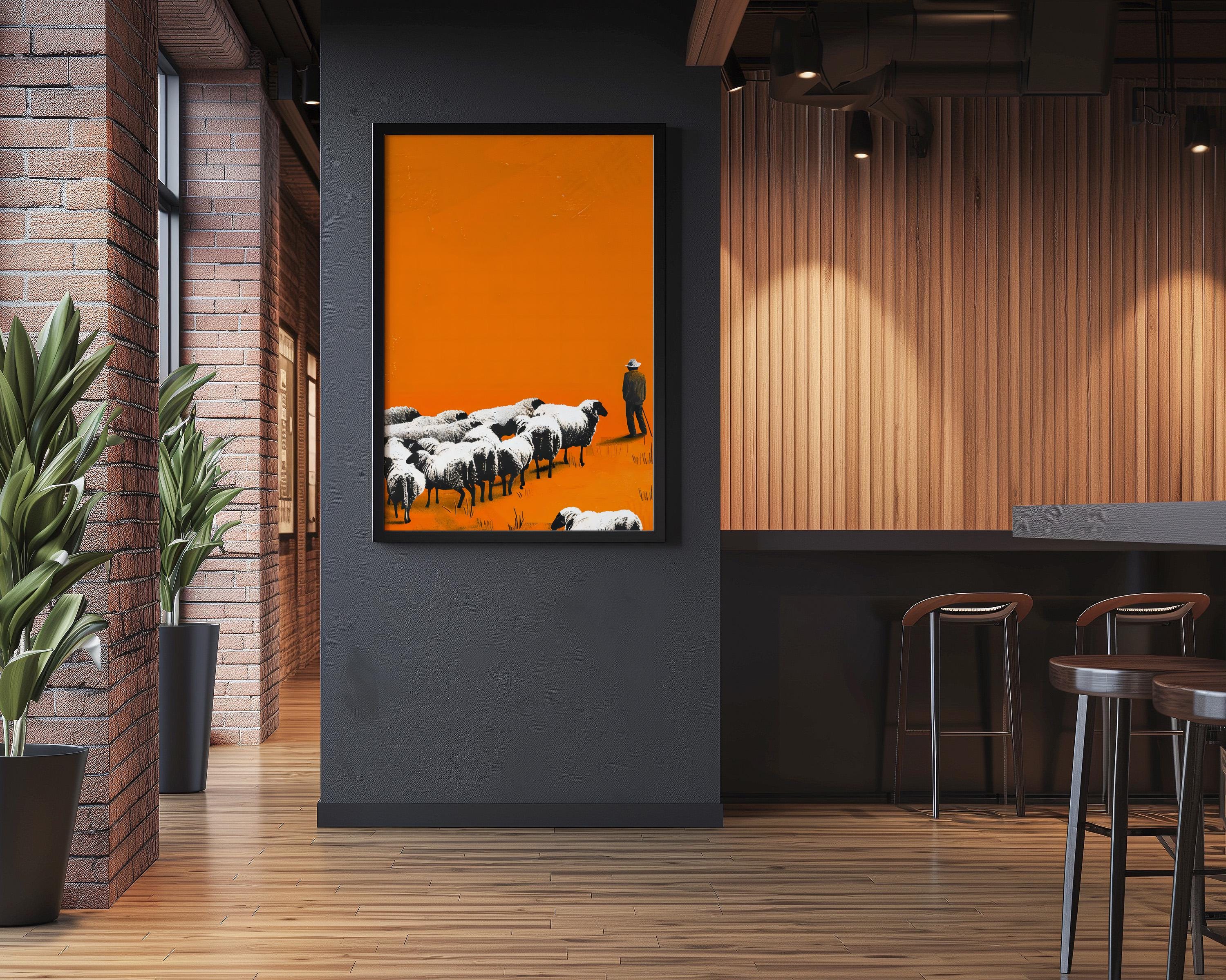 The Shepherd: Minimalist Street Art Style Print | Orange & Black Landscape Decor
