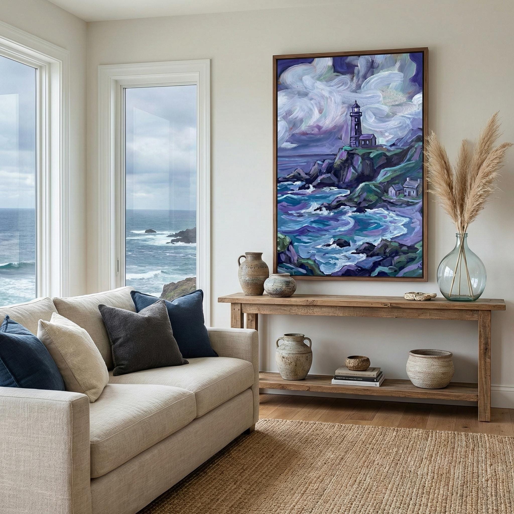 Fantasy Lighthouse Canvas, Purple Ocean, White Deer (Ready to Hang)