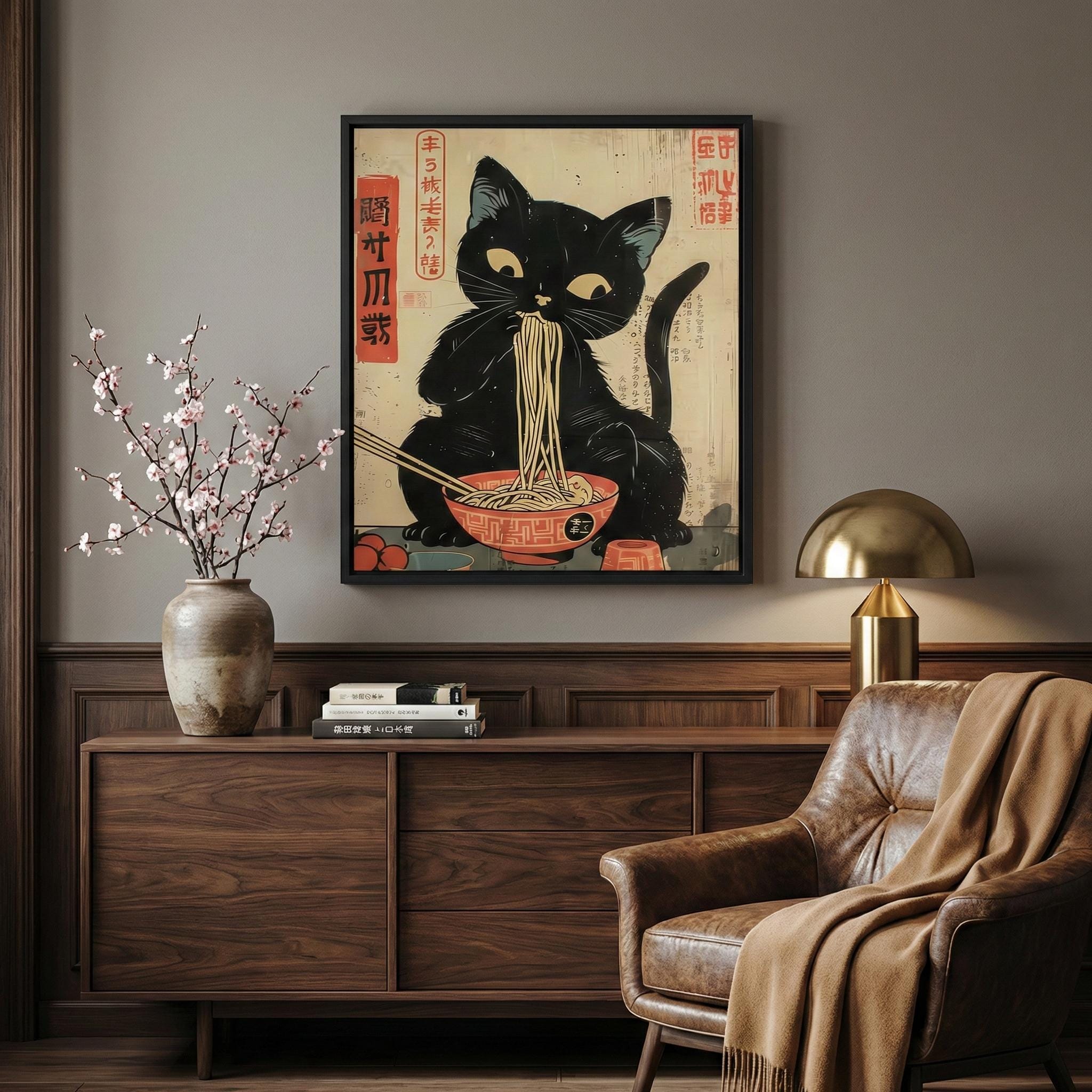 Whimsical Black Cat Ramen Art - Cozy Japanese Edo Decor