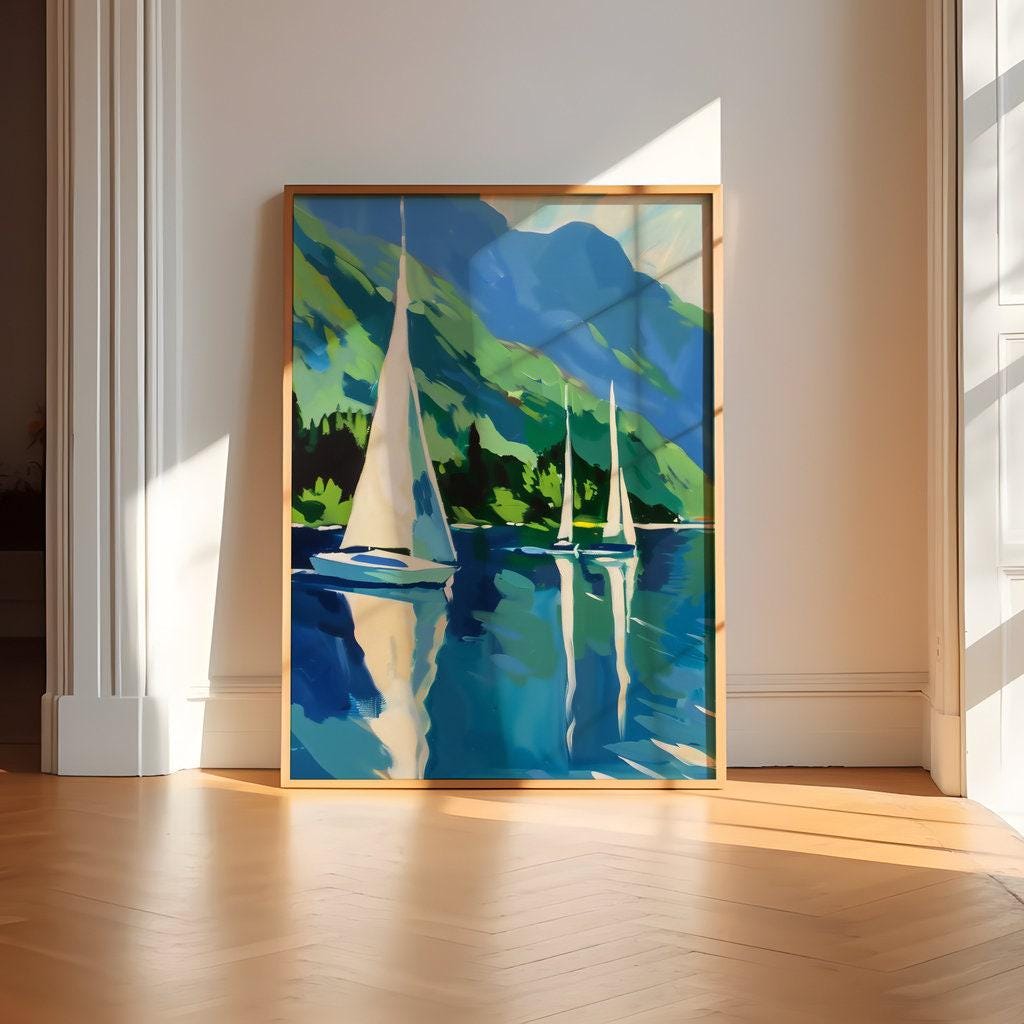 Mountain Lake Serenity: Tranquil Sailboat Canvas Art | Picturesque Blue & Green Landscape Decor