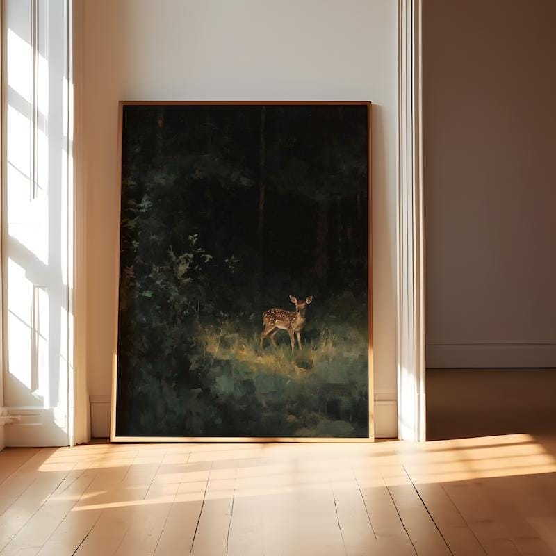 Forest Deer Painting: Vintage Fawn Art - Rustic Woodland Decor