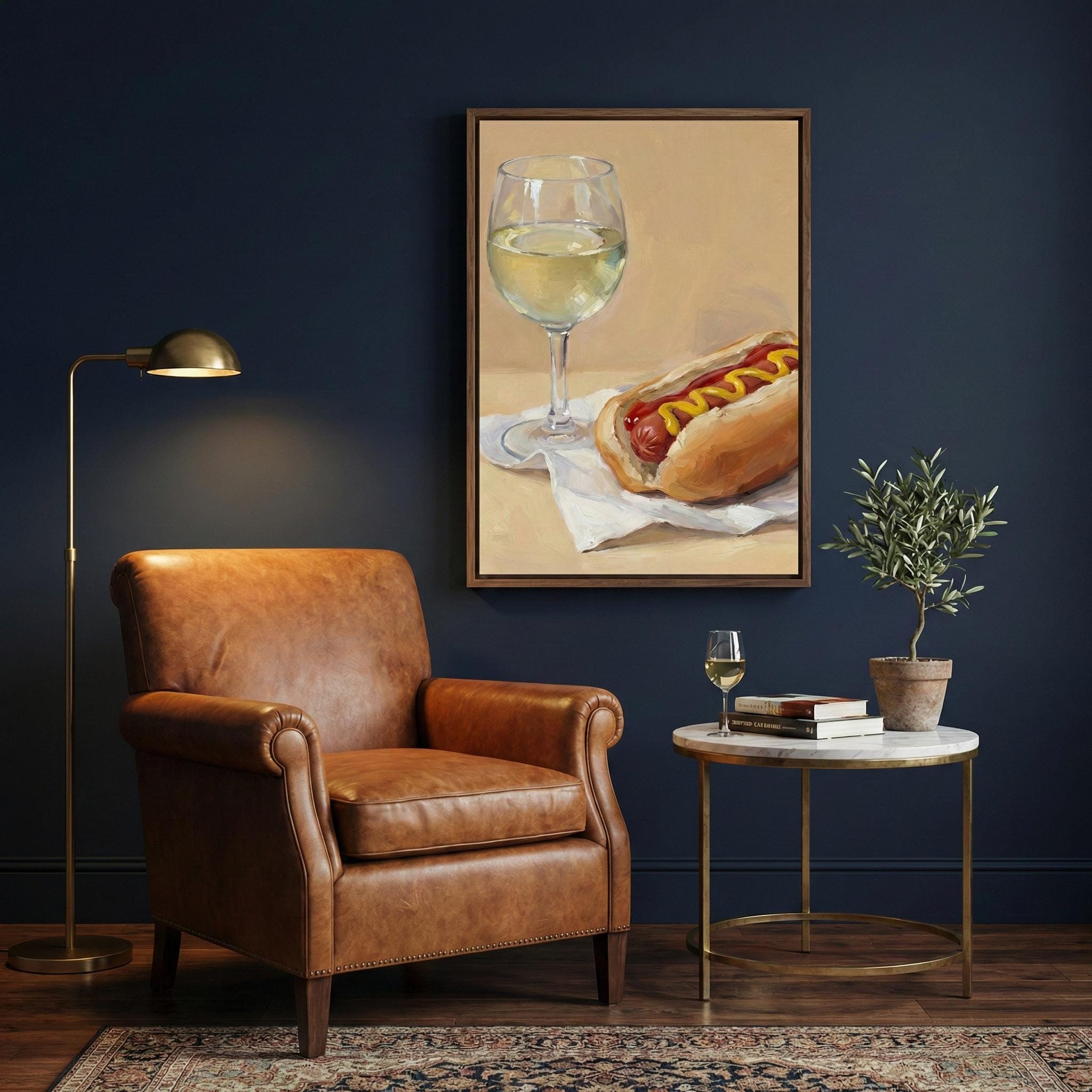 Hot Dog and Wine Wall Art: Funny Food Painting - Kitchen Decor
