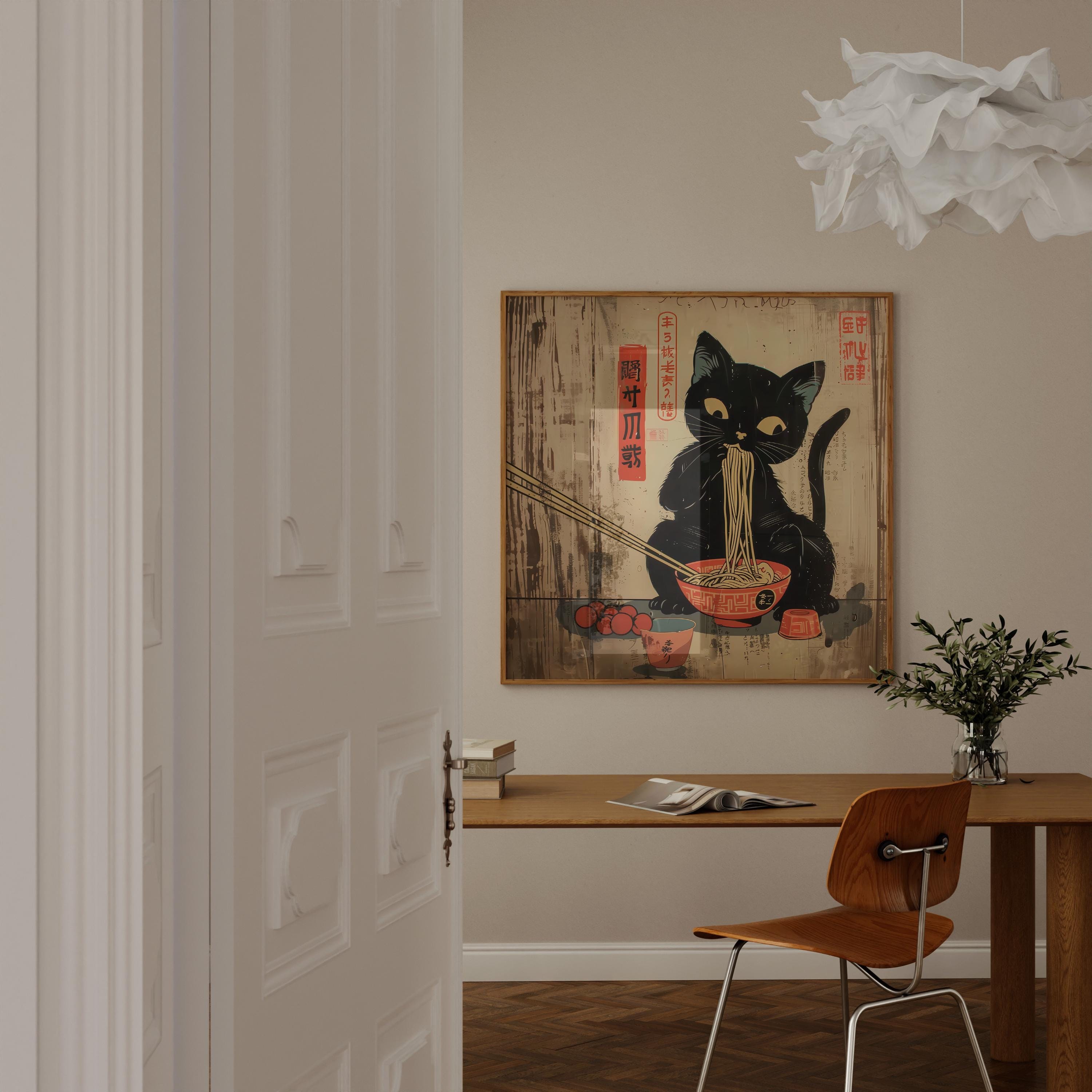 Whimsical Black Cat Ramen Art - Cozy Japanese Edo Decor