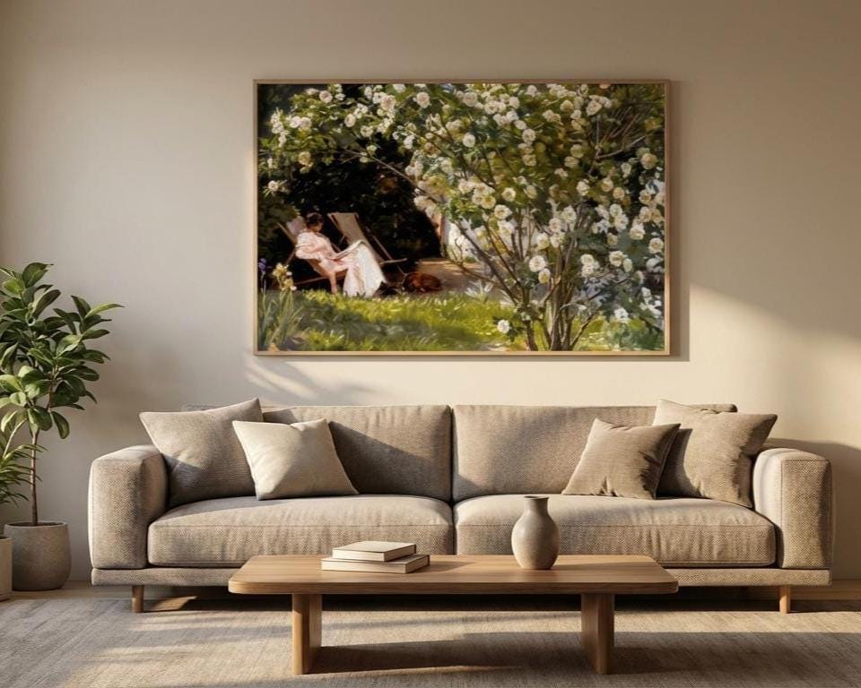 Serene Garden Wall Art Print: Woman Reading with Dog in Summer