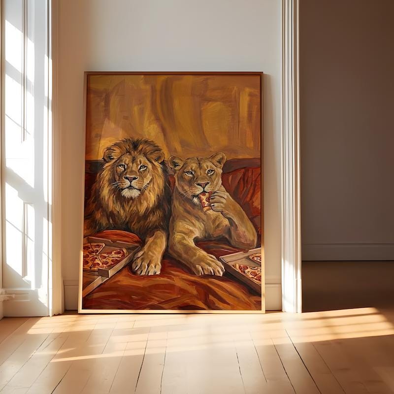 Lion Couple Wall Art: Cozy Surreal Pizza Date - Warm Tones