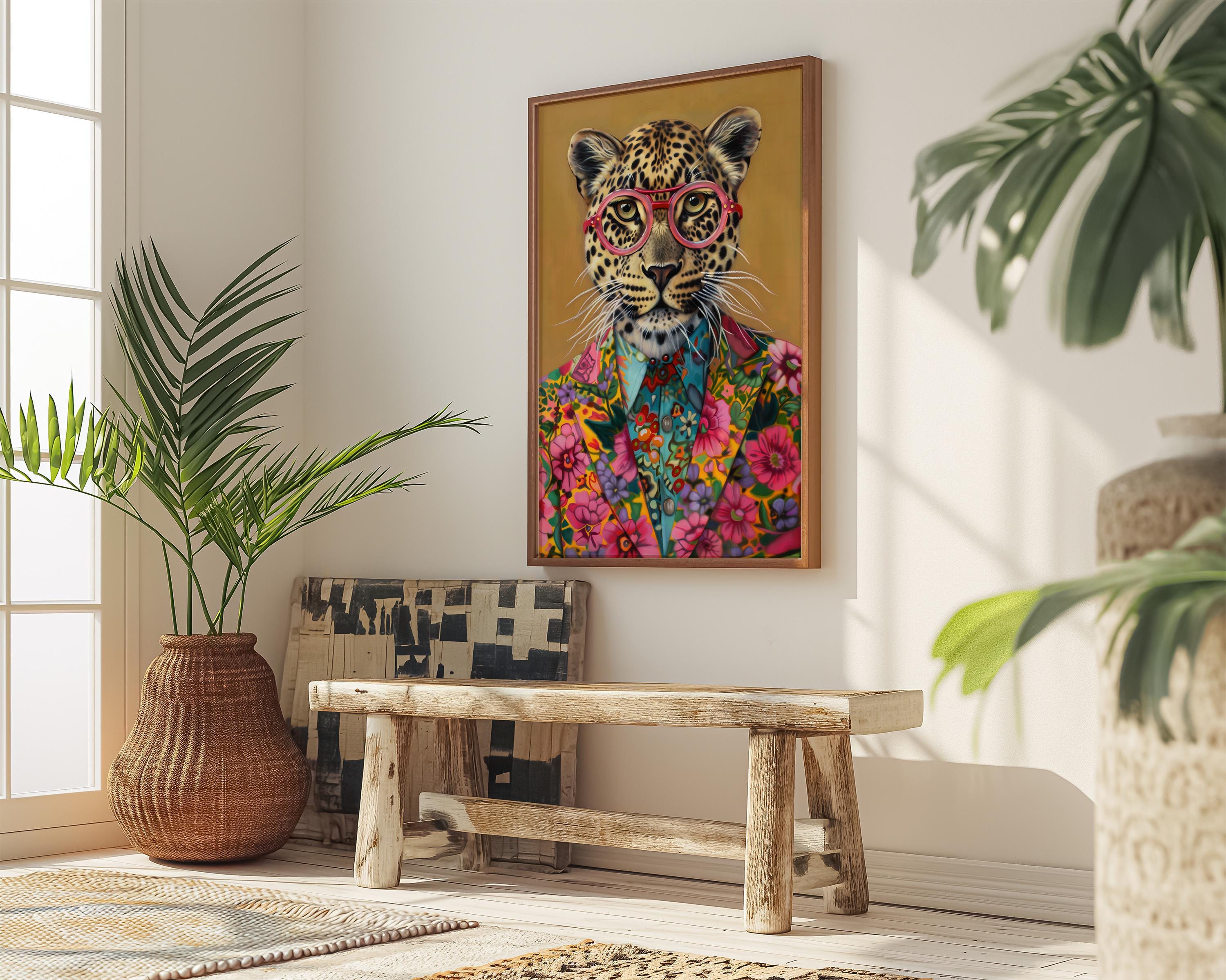 The Fashionista: Chic Leopard in Pink Glasses & Floral Jacket | Vibrant & Modern Animal Print Decor