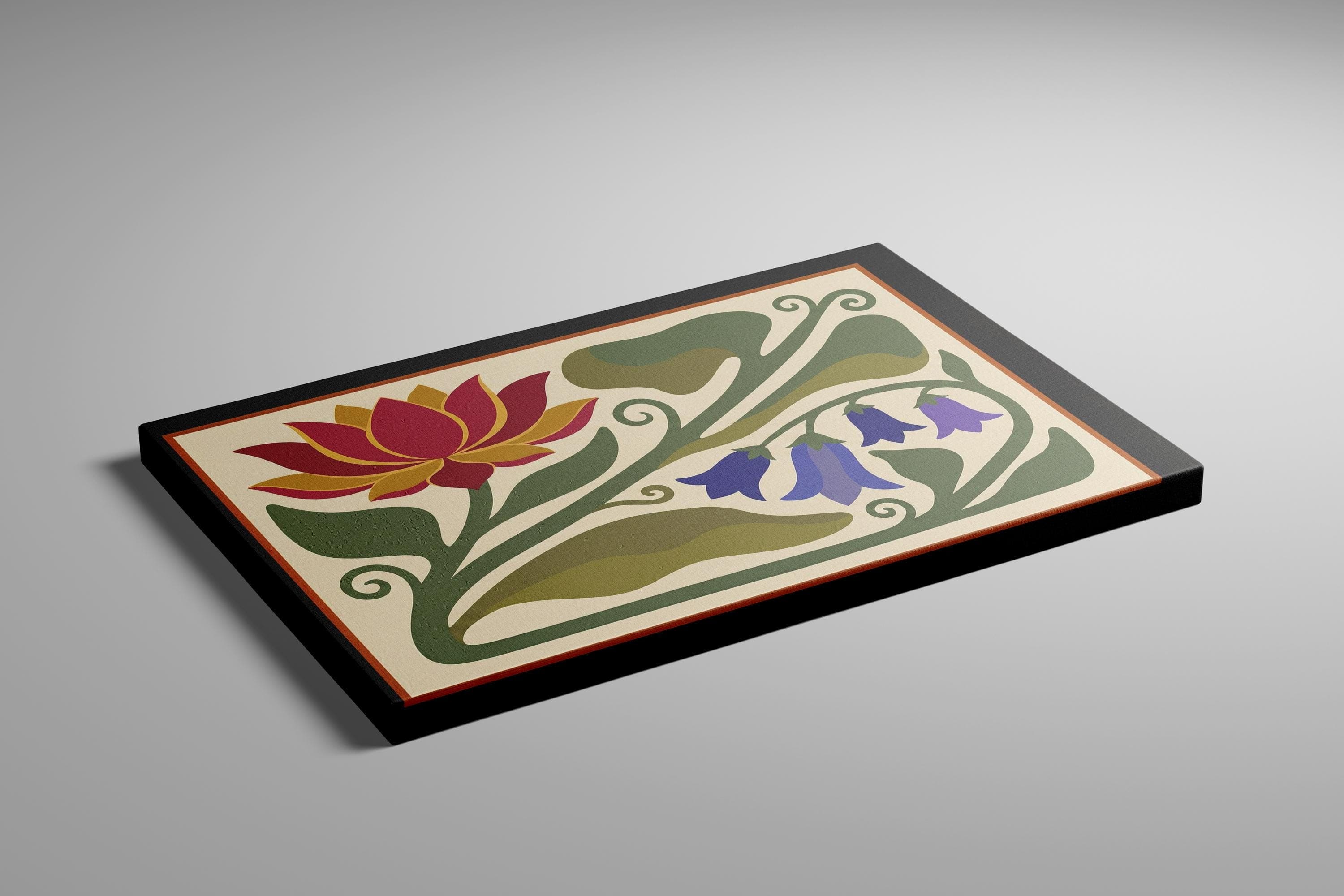 Floral Wall Art Print: Red Lotus and Bluebell - Arts & Crafts Style
