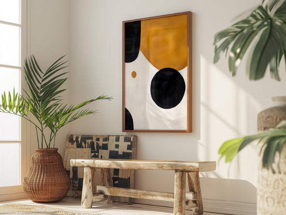 a minimalist and modern interior design with a large abstract painting hanging on the wall, a wooden bench, and potted plants.