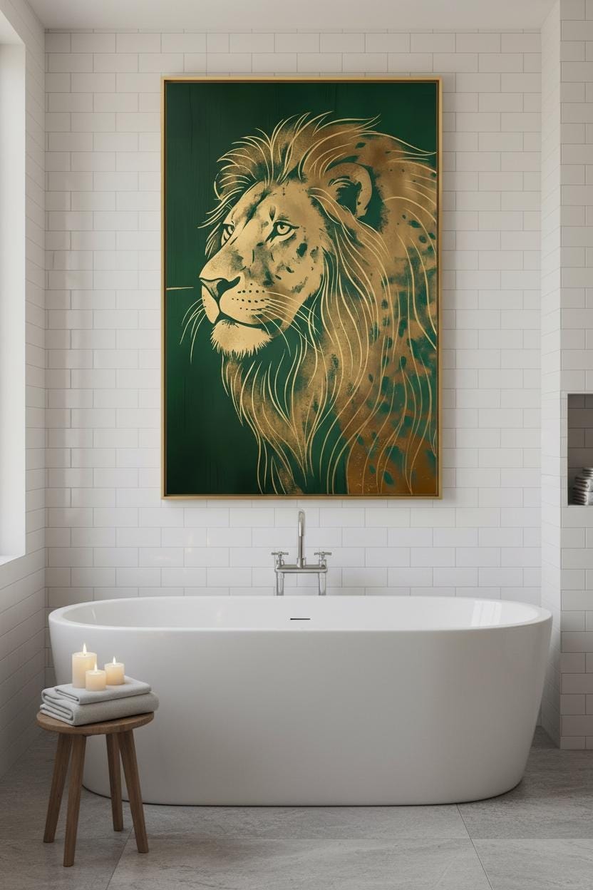 Art Deco Lion Print – Gold Foil Wall Art With Regal Green Decor & Metallic Accents