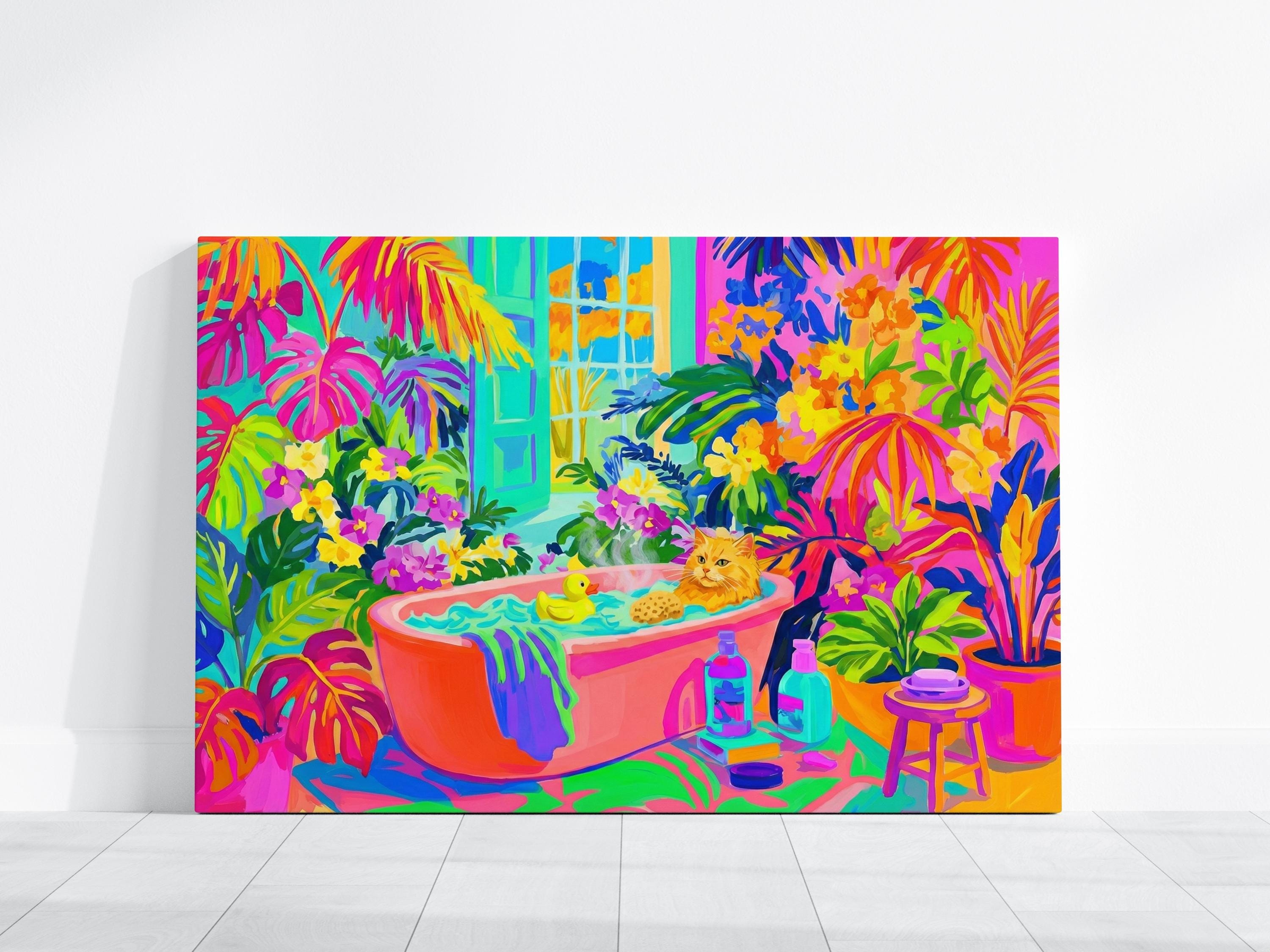 Whimsical Cat Canvas, Orange Tabby in Bathtub (Bold Fauvist Colors)