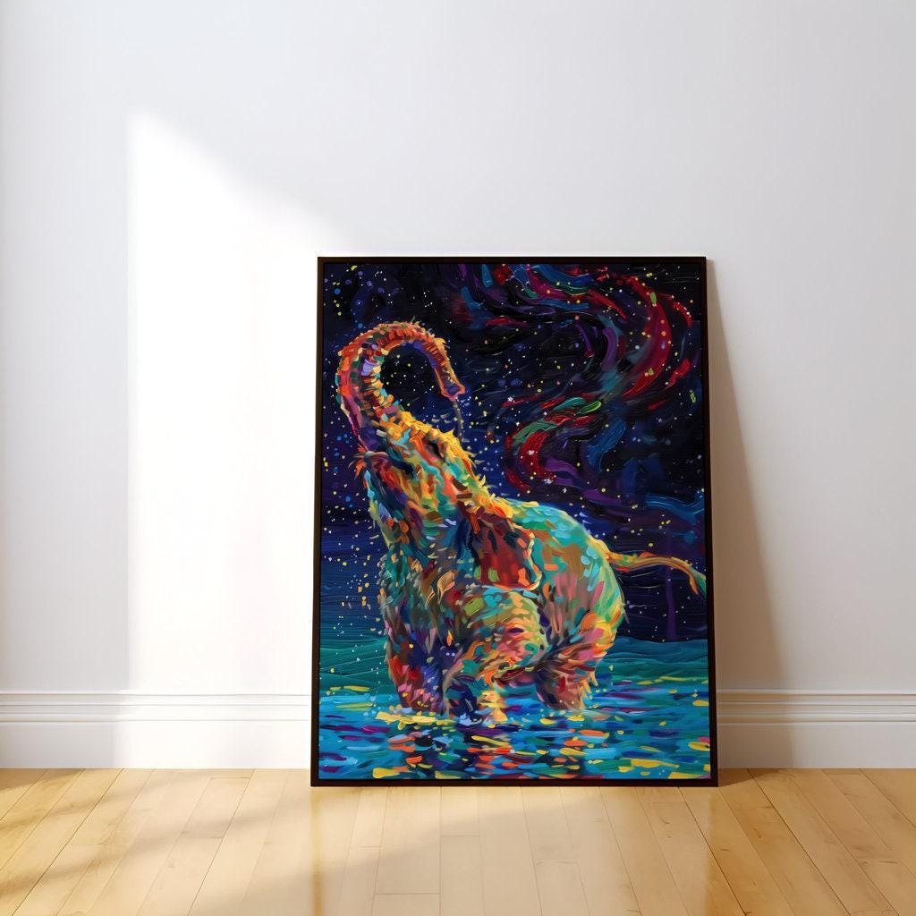 Cosmic Elephant: Fantastical Blue & Colorful Animal Art | Surreal Space Wall Decor