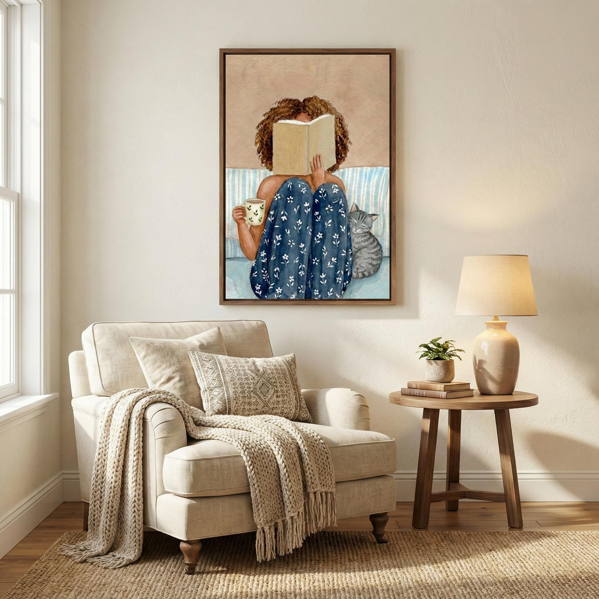 Reading Wall Art: Black Woman with Cat, Cozy Watercolor (Print or Canvas)