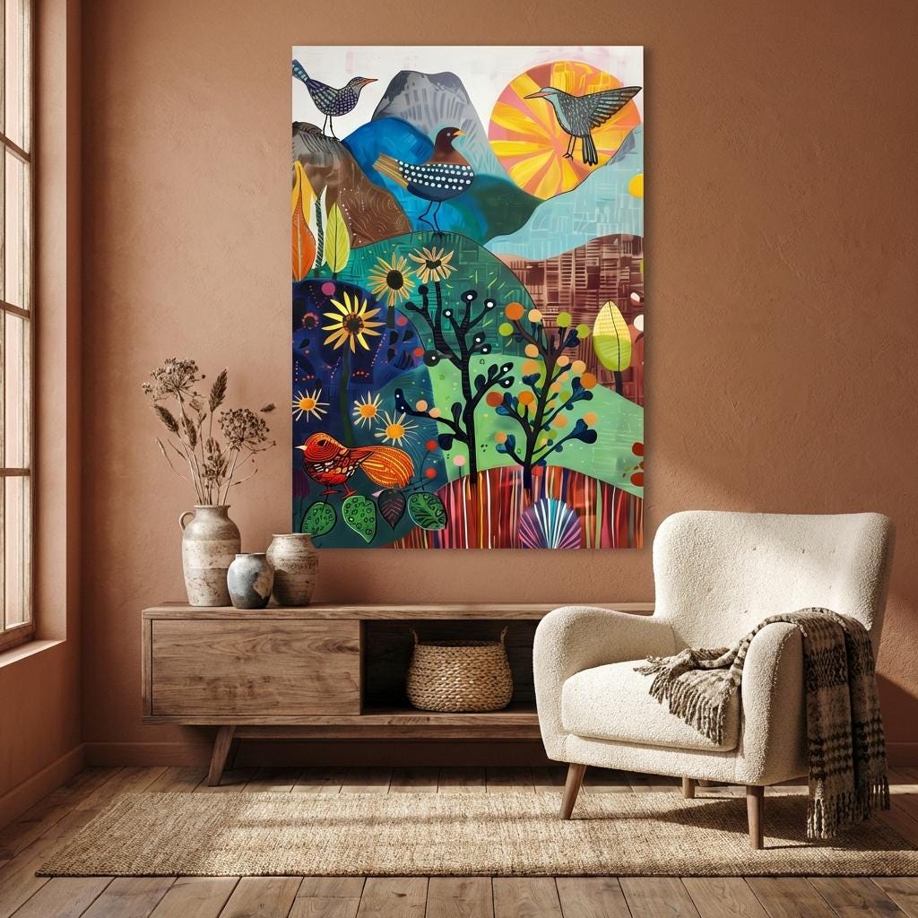 Little Green Valley Wall Art: Serene Birds and Mountain Landscape