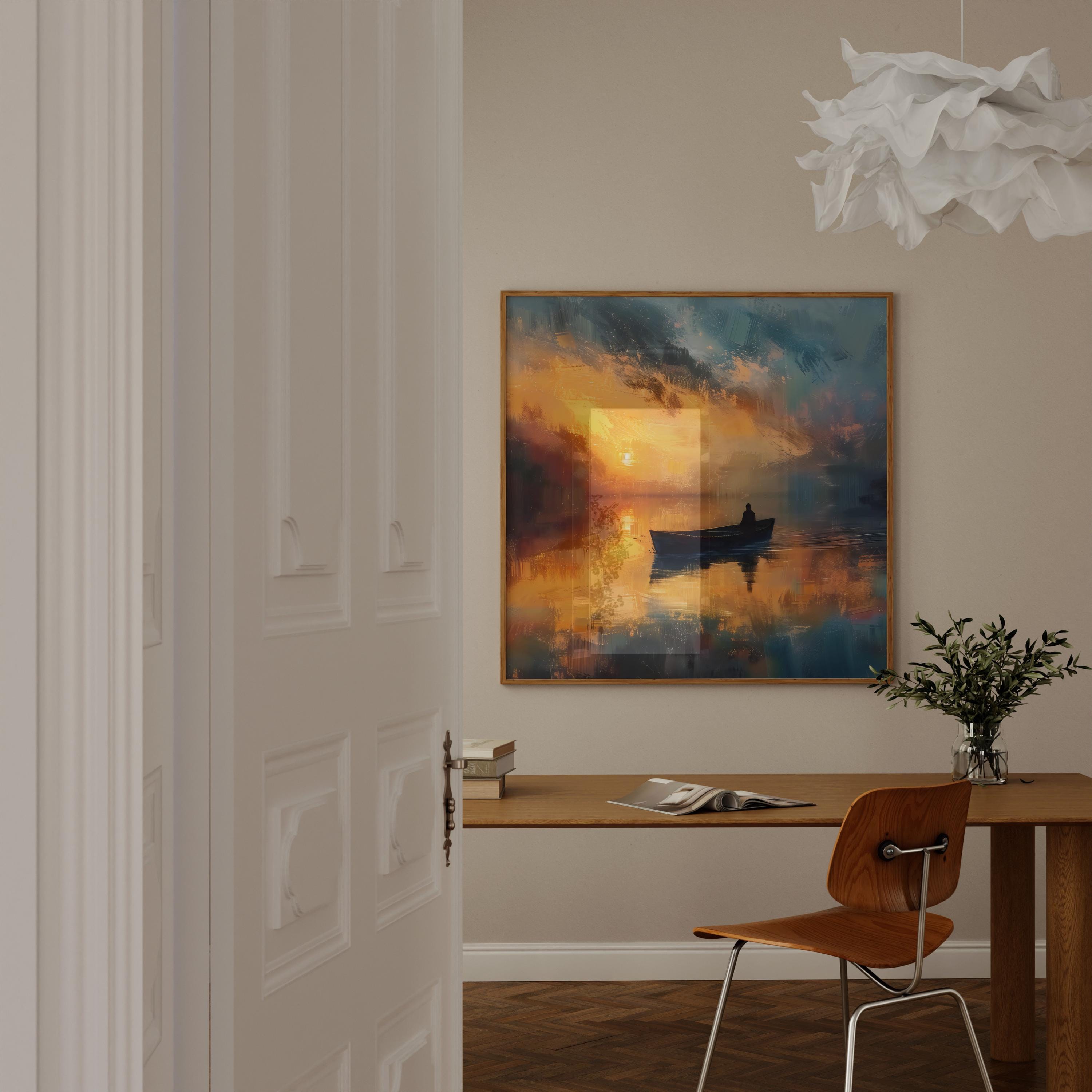 Sunset Solitude: Serene Lone Boat Canvas Art | Tranquil Orange & Blue Lake Decor