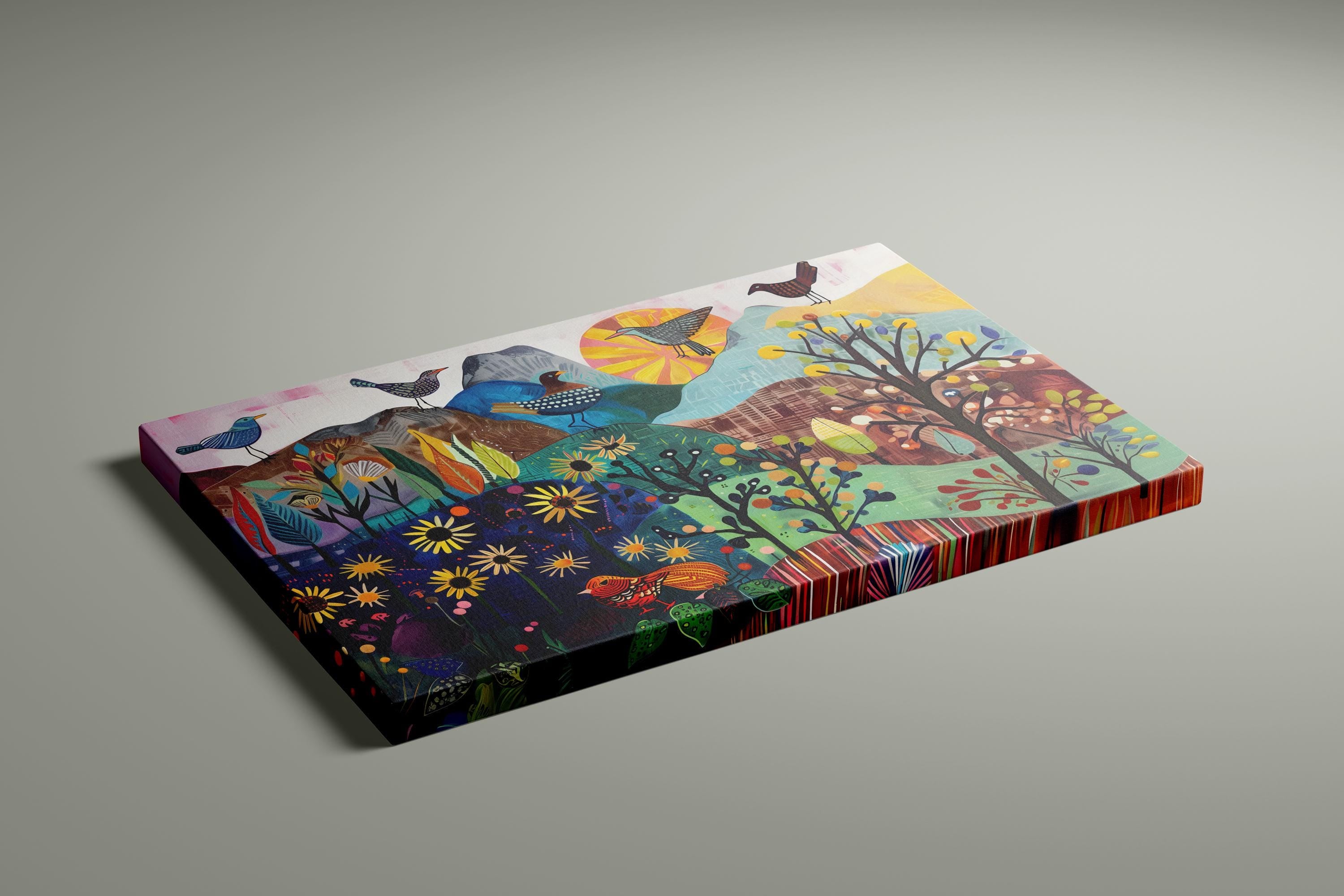 Little Green Valley Wall Art: Serene Birds and Mountain Landscape