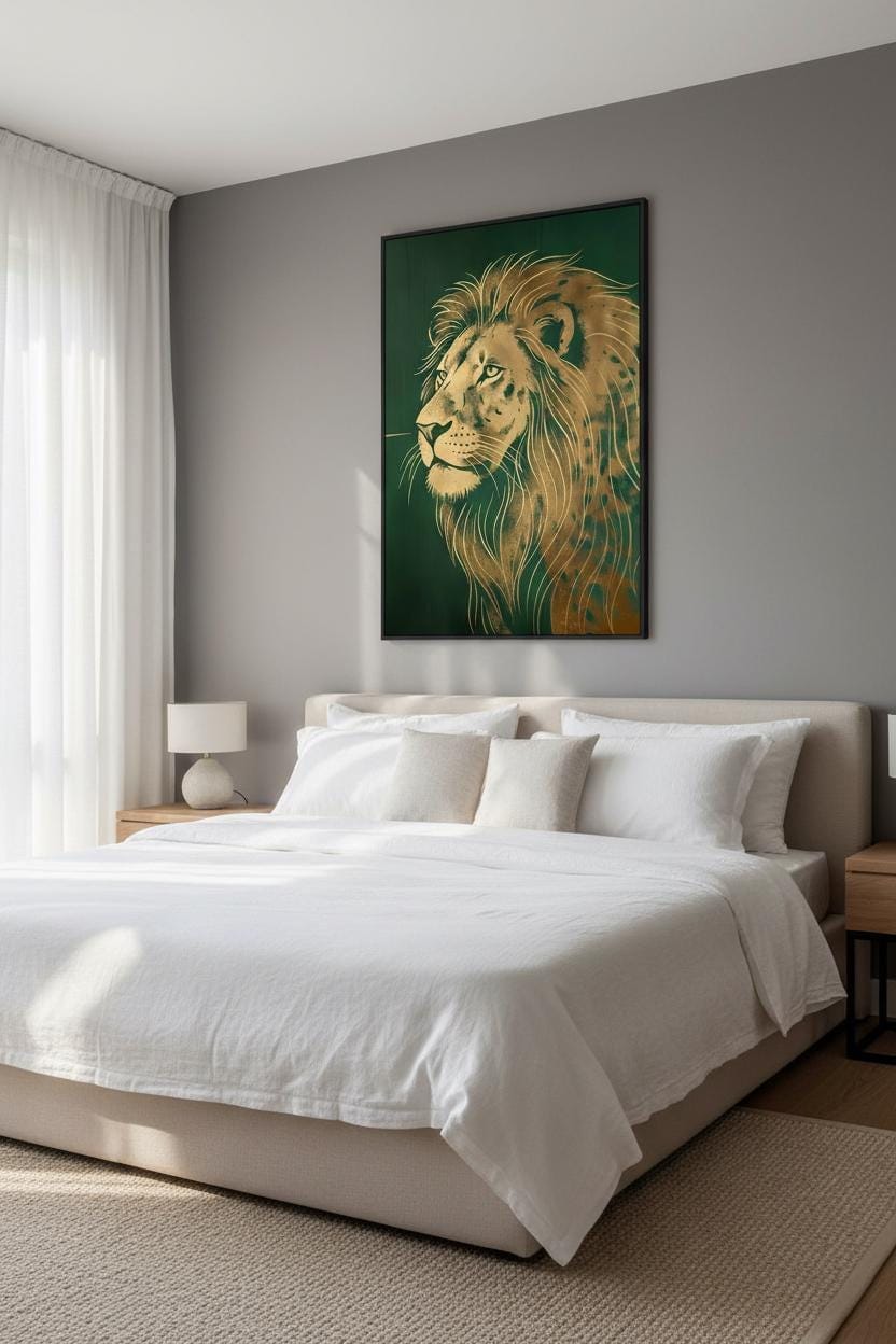 Art Deco Lion Print – Gold Foil Wall Art With Regal Green Decor & Metallic Accents
