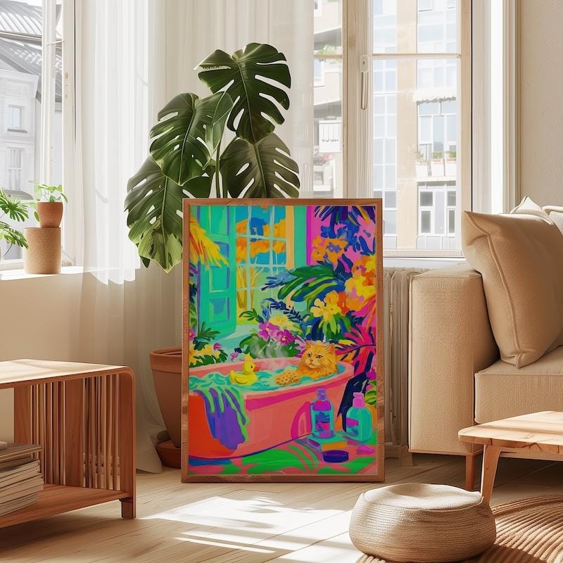 Whimsical Cat Canvas, Orange Tabby in Bathtub (Bold Fauvist Colors)