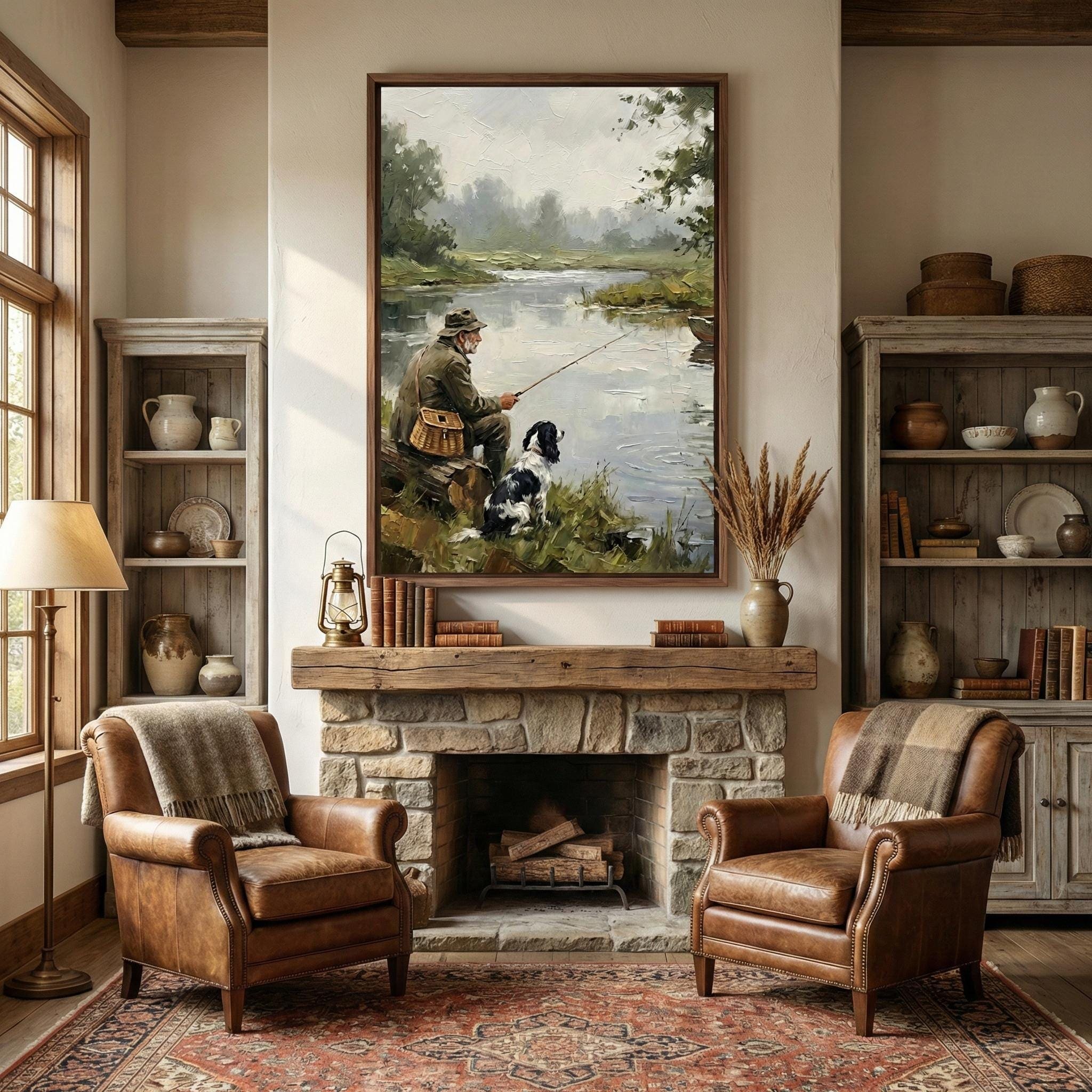 Vintage Fisherman and Spaniel Painting - Rustic River Lodge Decor