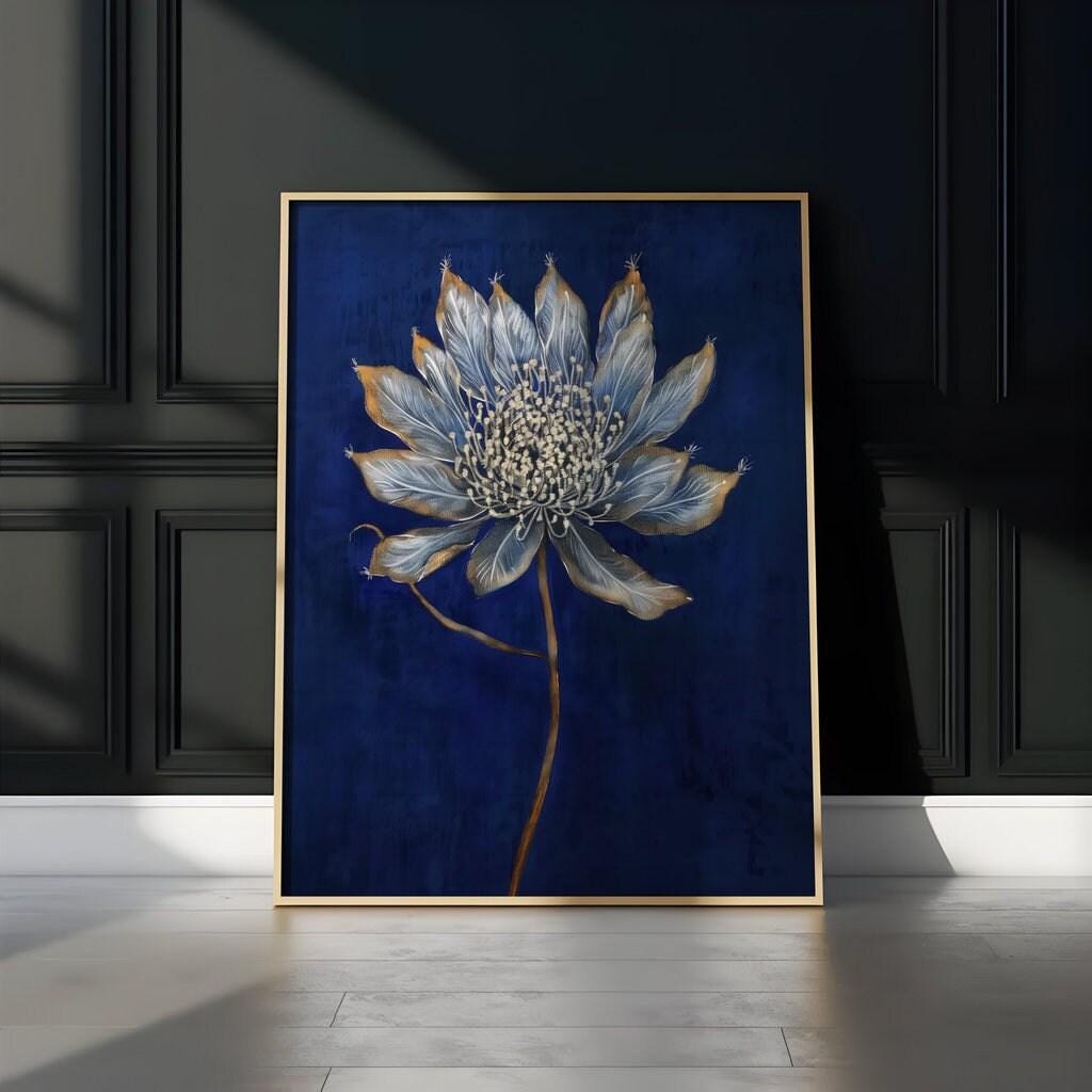 Modern Minimalist Flower: Elegant Gray & White Botanical Art | Deep Blue Wall Decor
