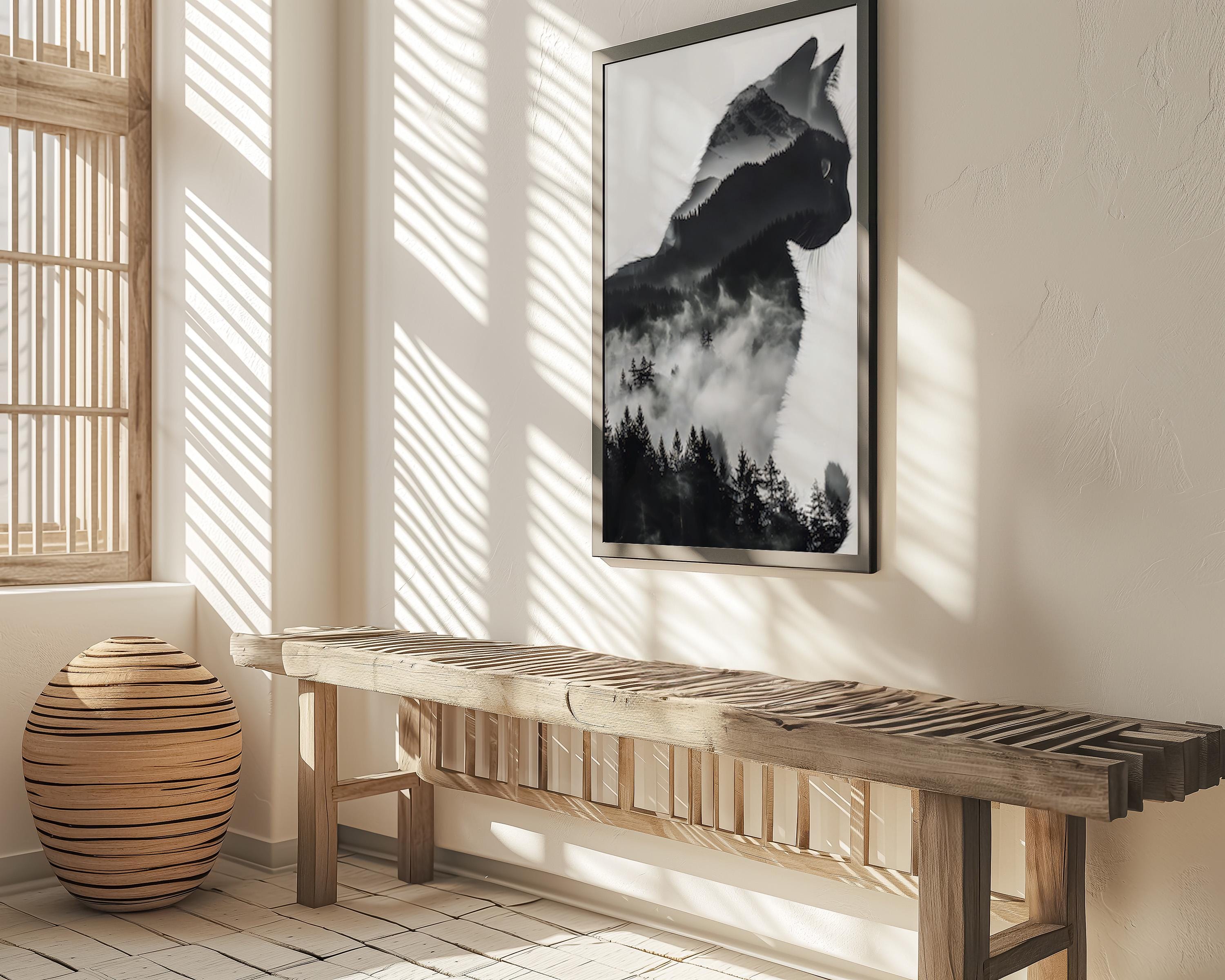 Mountain Soul: Surreal Cat & Forest Double Exposure Art | Mystical Black & White Decor