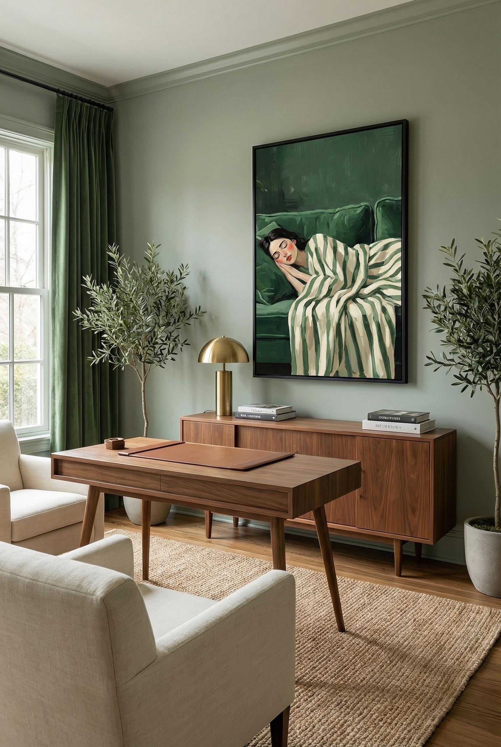 Nap Time Green Art Print: Sleeping Woman, Relaxing Stripes