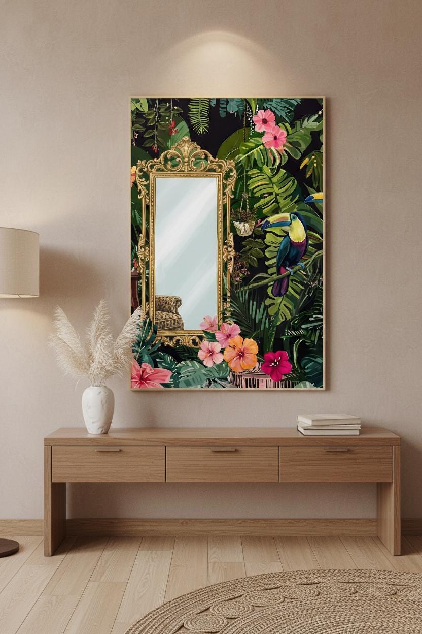 Flamingo Wall Art - Tropical Bathroom Decor | Coral Pink Spa Print