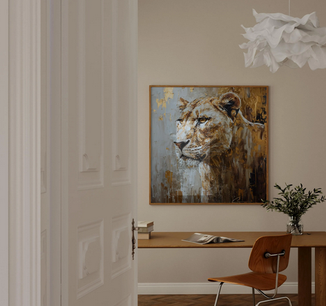 a wooden desk with a vase of greenery and a framed painting of a lion's head on the wall above it.