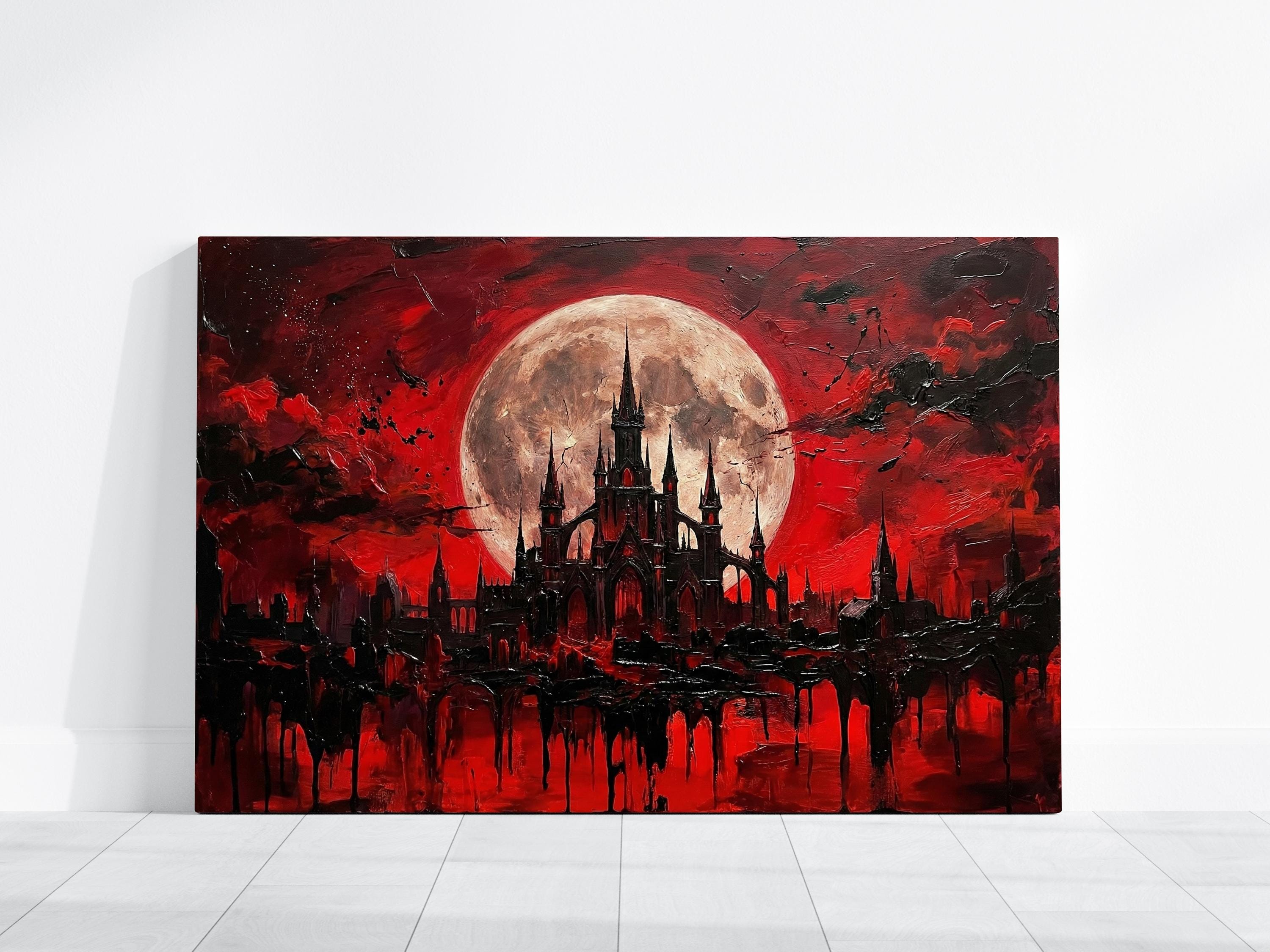 Castle Wall Art: Blood Moon Scene - Gothic Dark Fantasy Decor