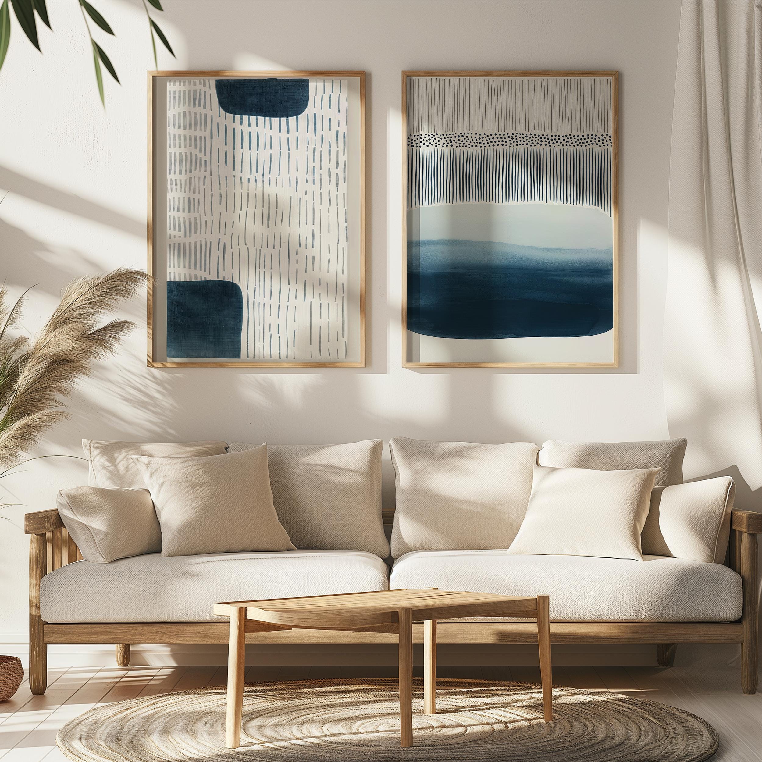 Abstract Wall Art Set: Navy Blue Indigo Watercolor - Japandi Style