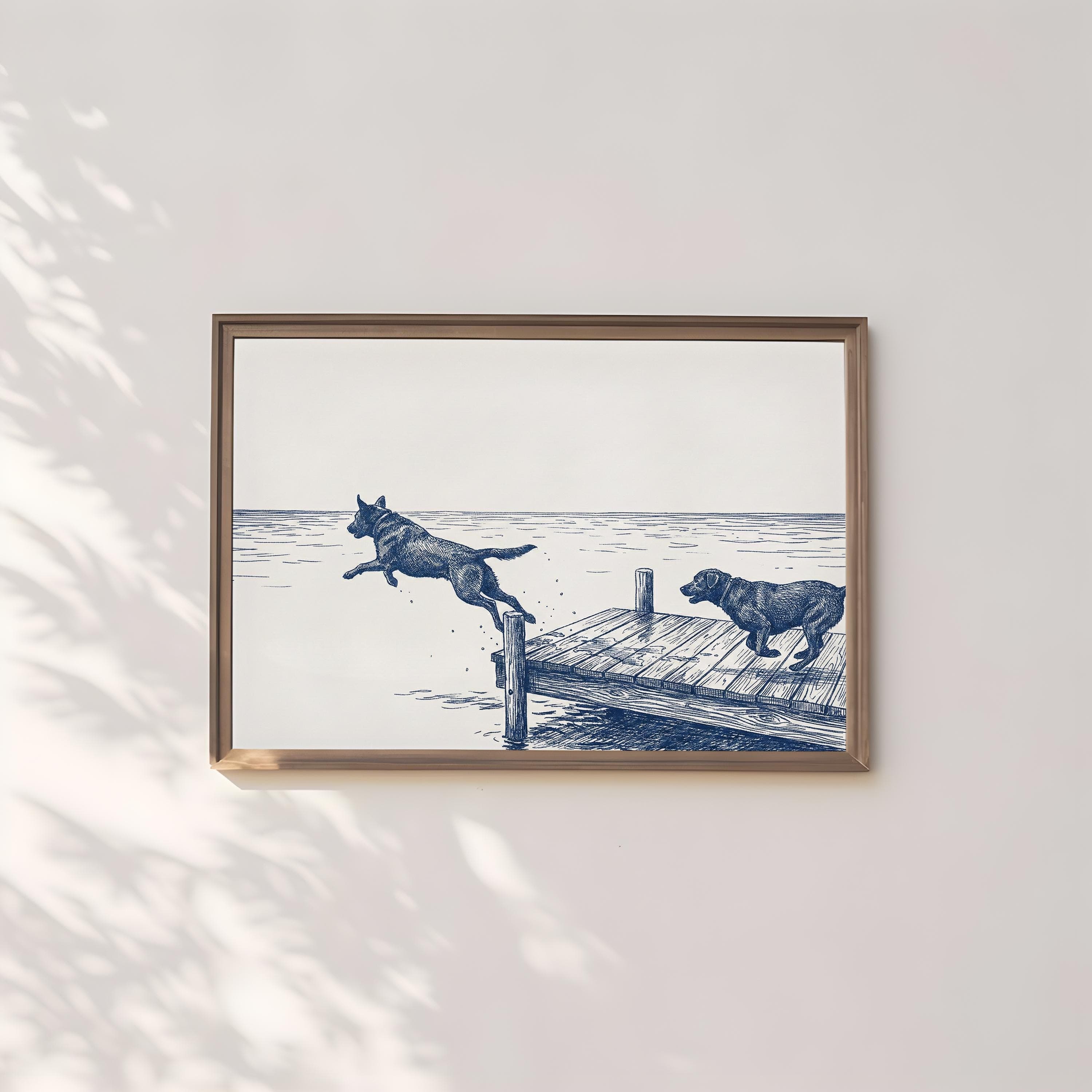 Lake House Dog Art, Blue Ink Sketch, Dock Scene (Print or Canvas)