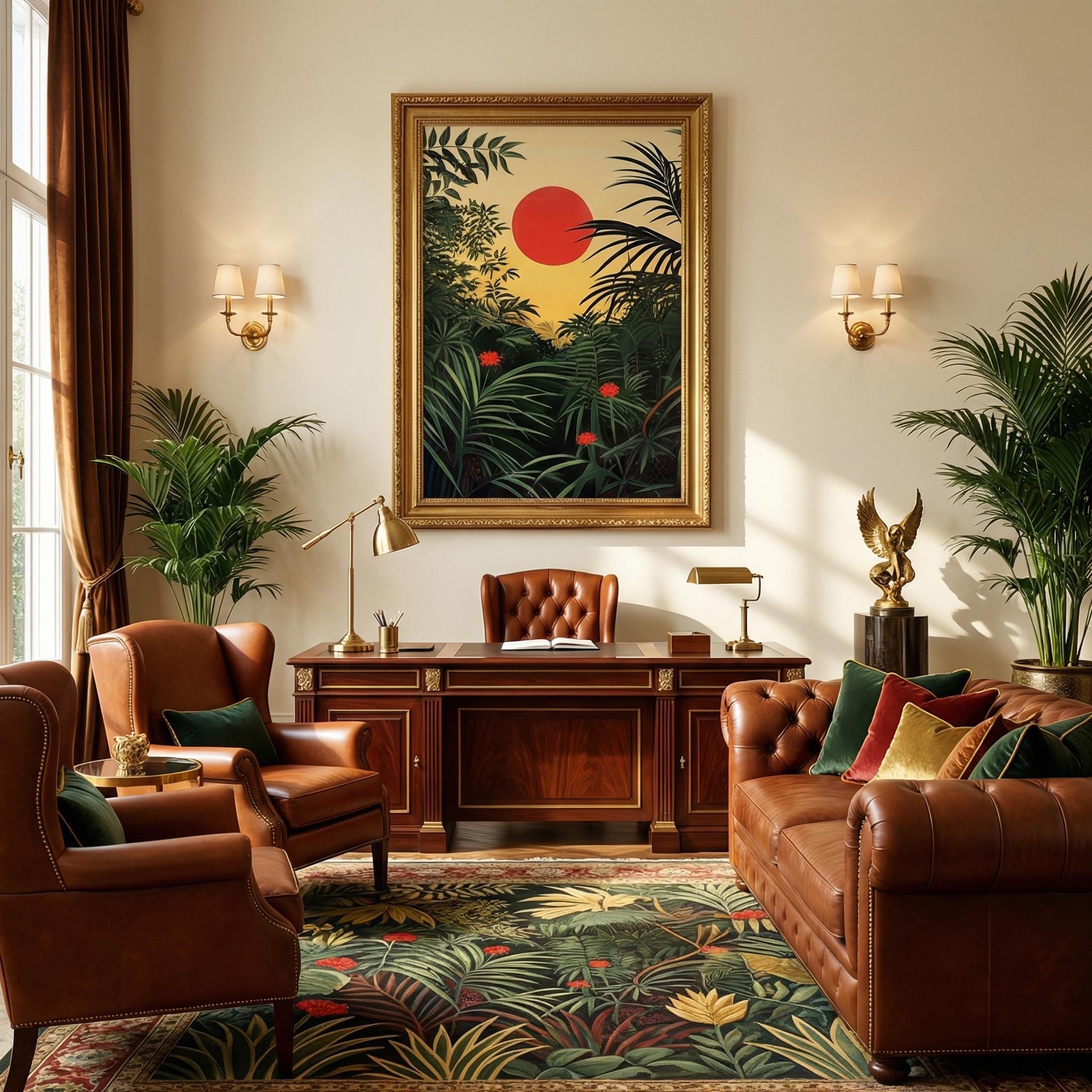 Tropical Forest Wall Art: Henri Rousseau Inspired Red Sun Sunrise