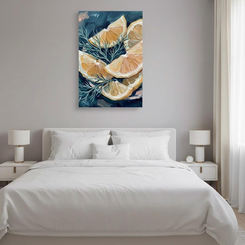 a bedroom with a large bed, white bedding, and a painting of orange slices and greenery hanging on the wall above the bed.