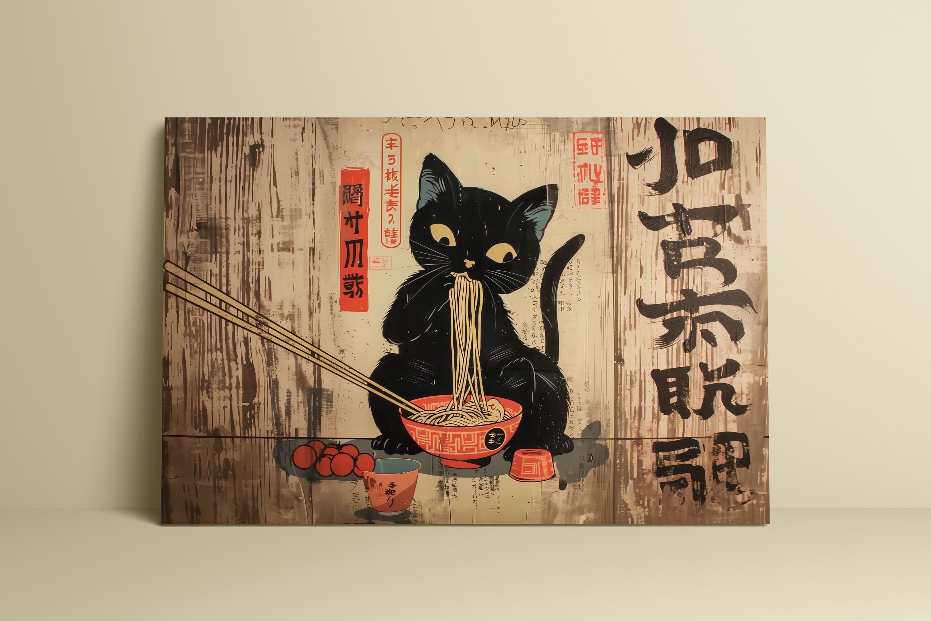Whimsical Black Cat Ramen Art - Cozy Japanese Edo Decor