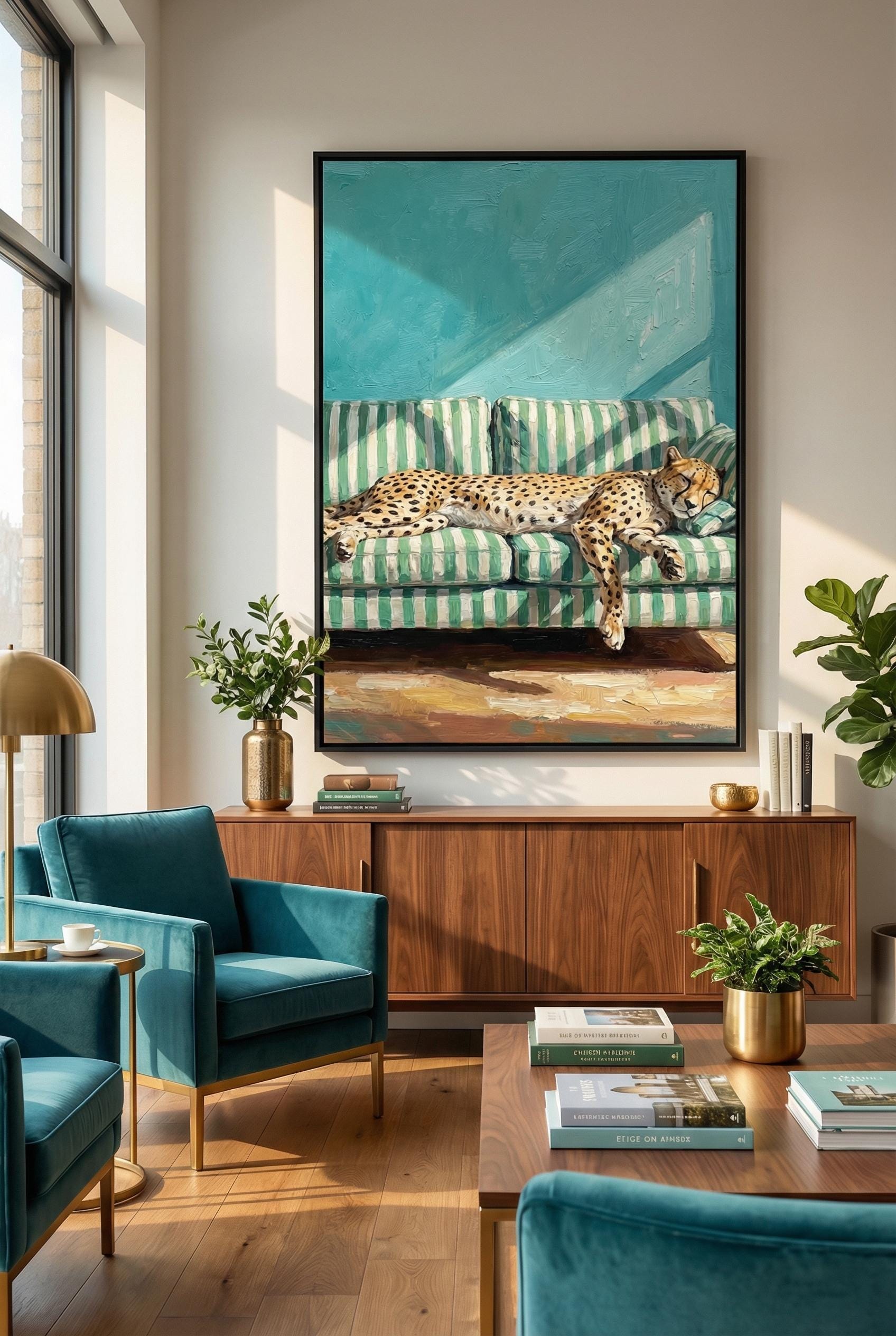 Cheetah Nap Art Print, Sofa Scene (Matte, Canvas, Framed)