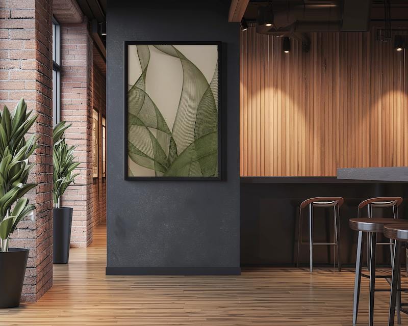 Abstract Olive Green Wall Art: Modern Sage and Beige Mesh Print