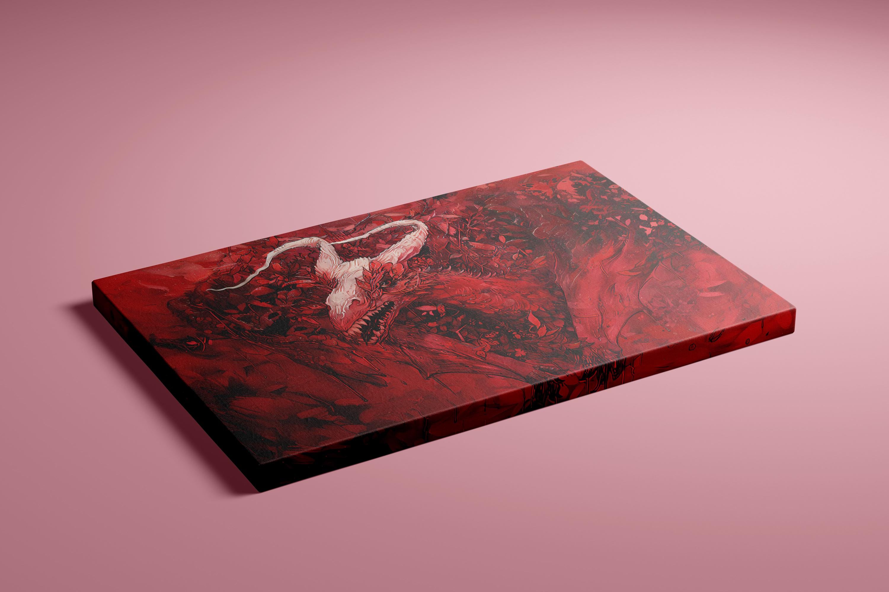 The Crimson Chimera: Red Mystical Creature Art | Dark Fantasy & Mythical Wall Decor