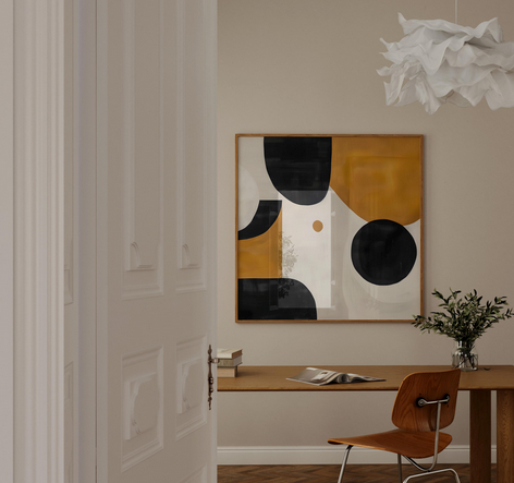 a minimalist interior design with a wooden desk, a chair, a framed abstract artwork on the wall, and a potted plant on the desk.