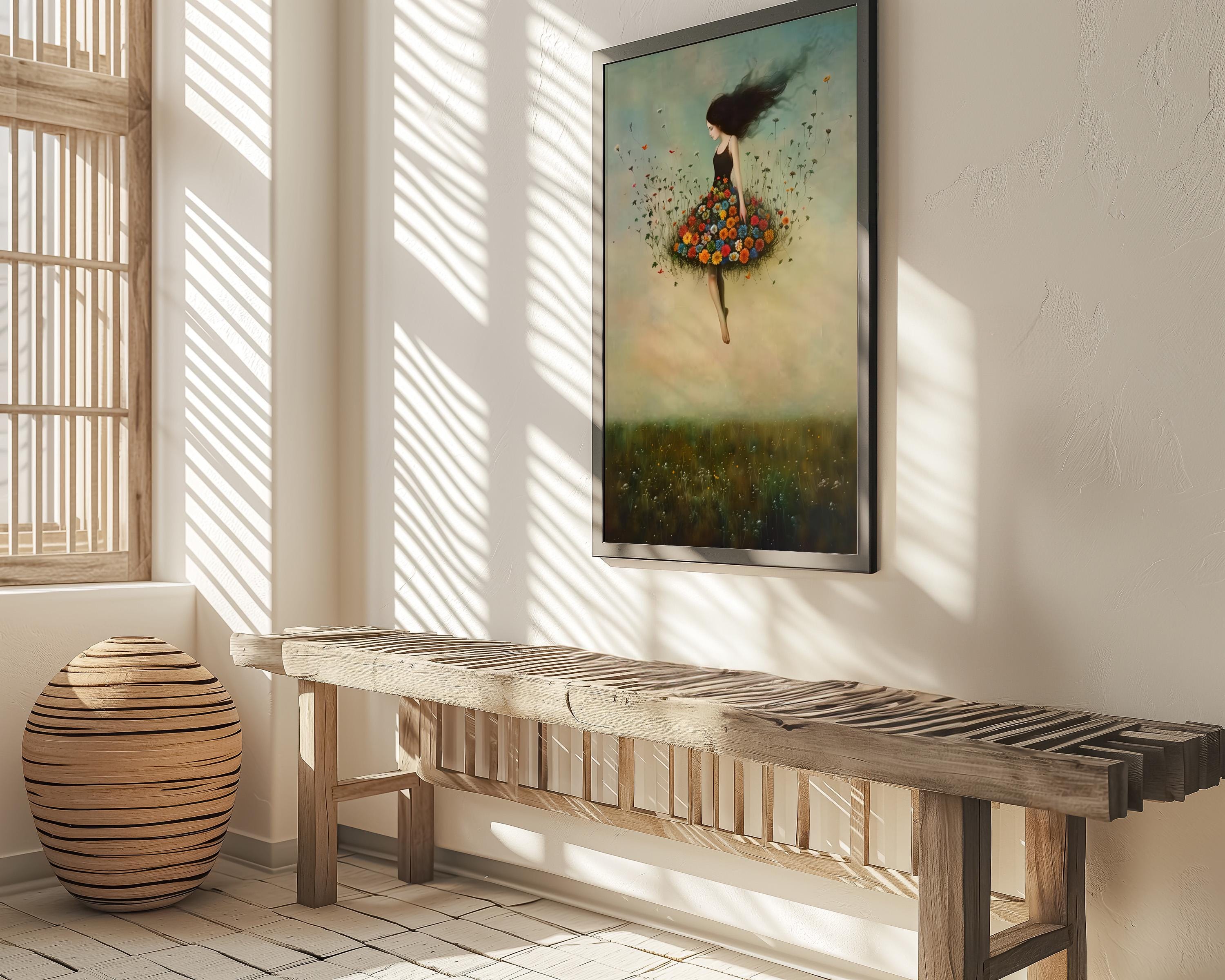 The Ascension: Surreal Woman Floating in a Vortex of Flowers | Fantastical & Ethereal Wall Art