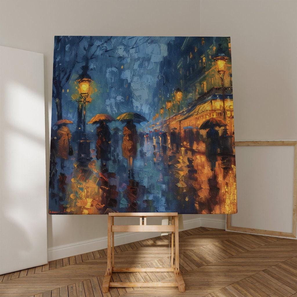 The Golden Street: Impressionist Rainy City Night with Umbrellas | Moody & Romantic Wall Art